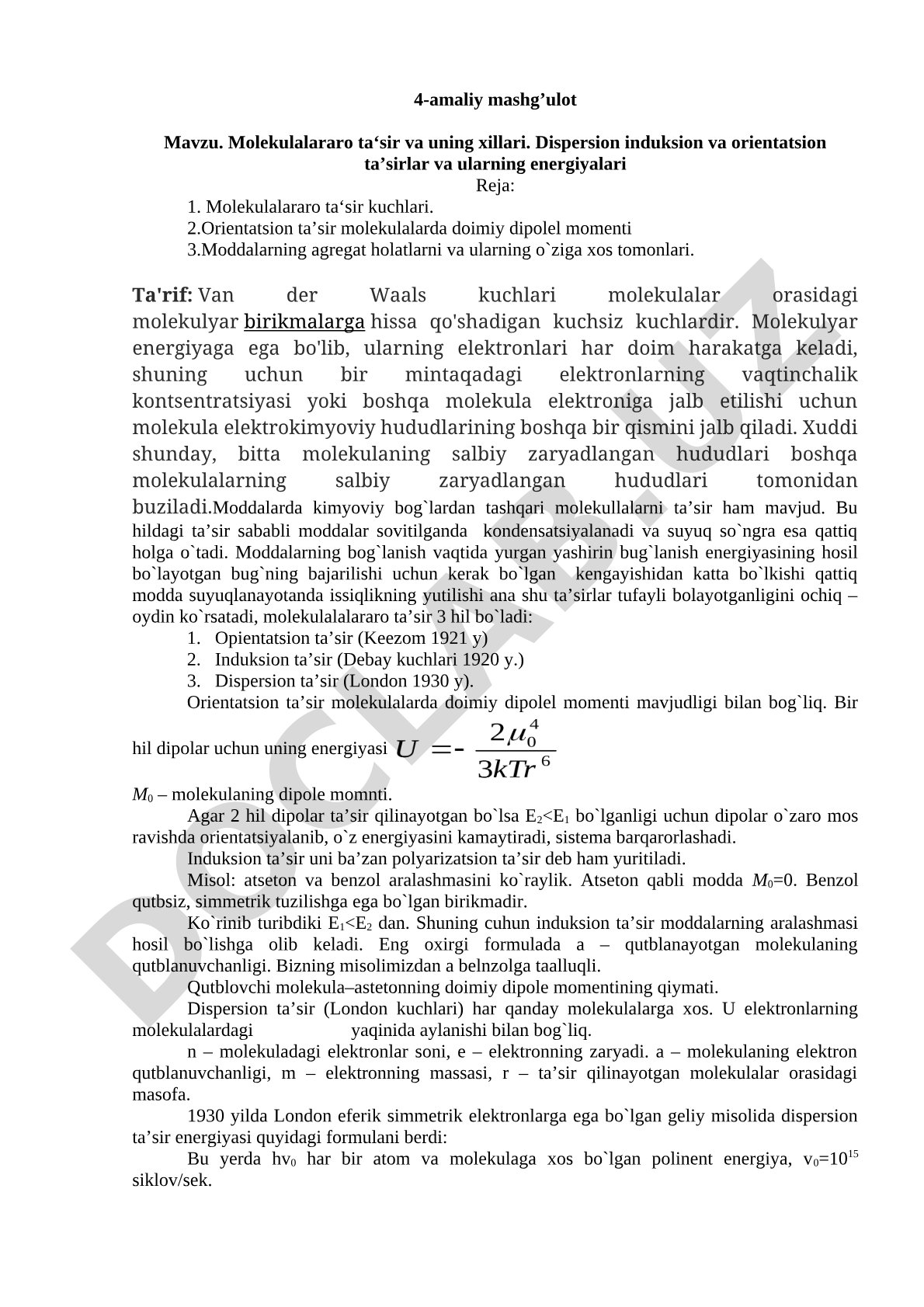 Molekulalararo ta'sir va uning xillari