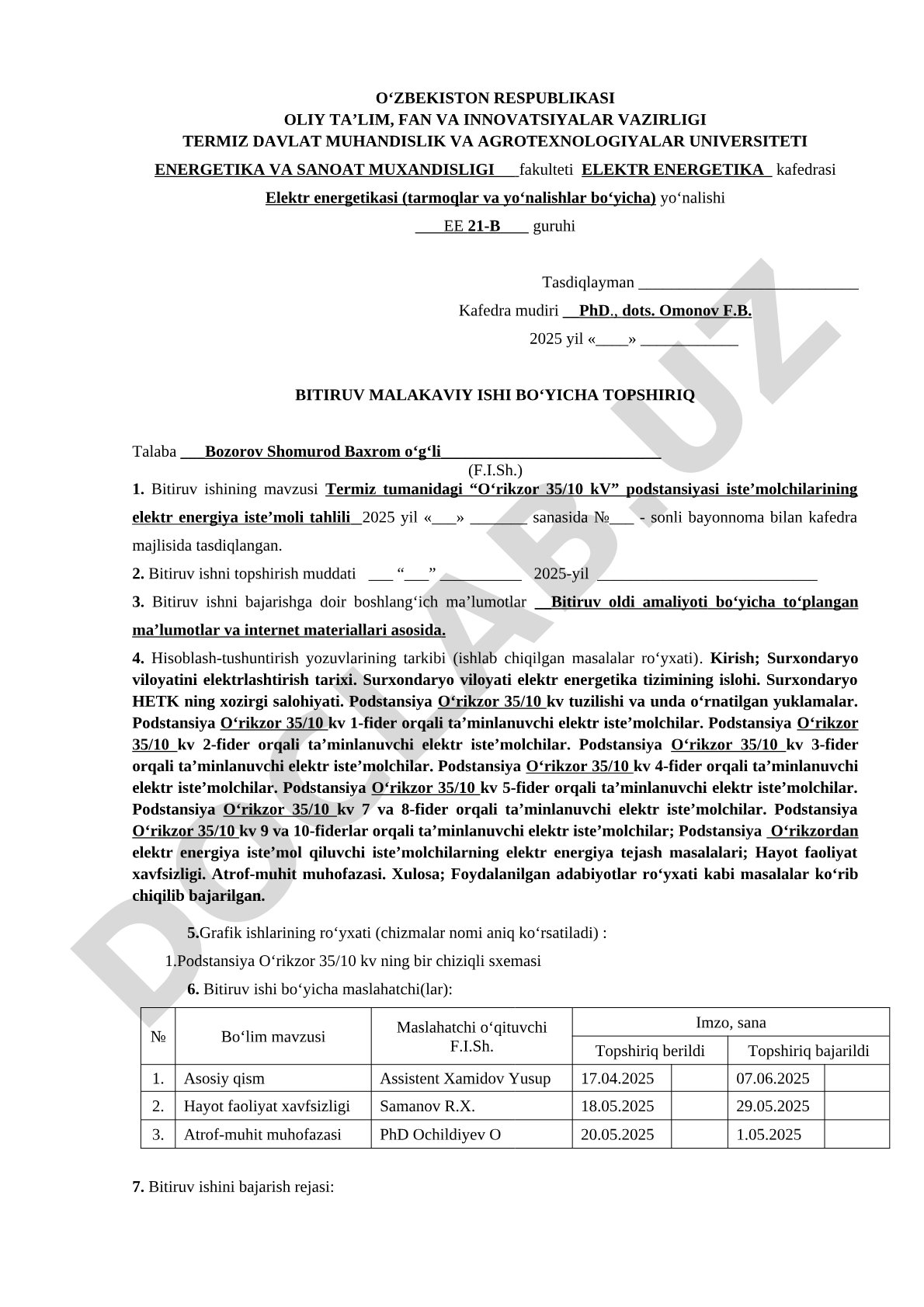 Termiz tumanidagi “O‘rikzor 35/10 kV” podstansiyasi iste’molchilarining elektr energiya iste’moli tahlili