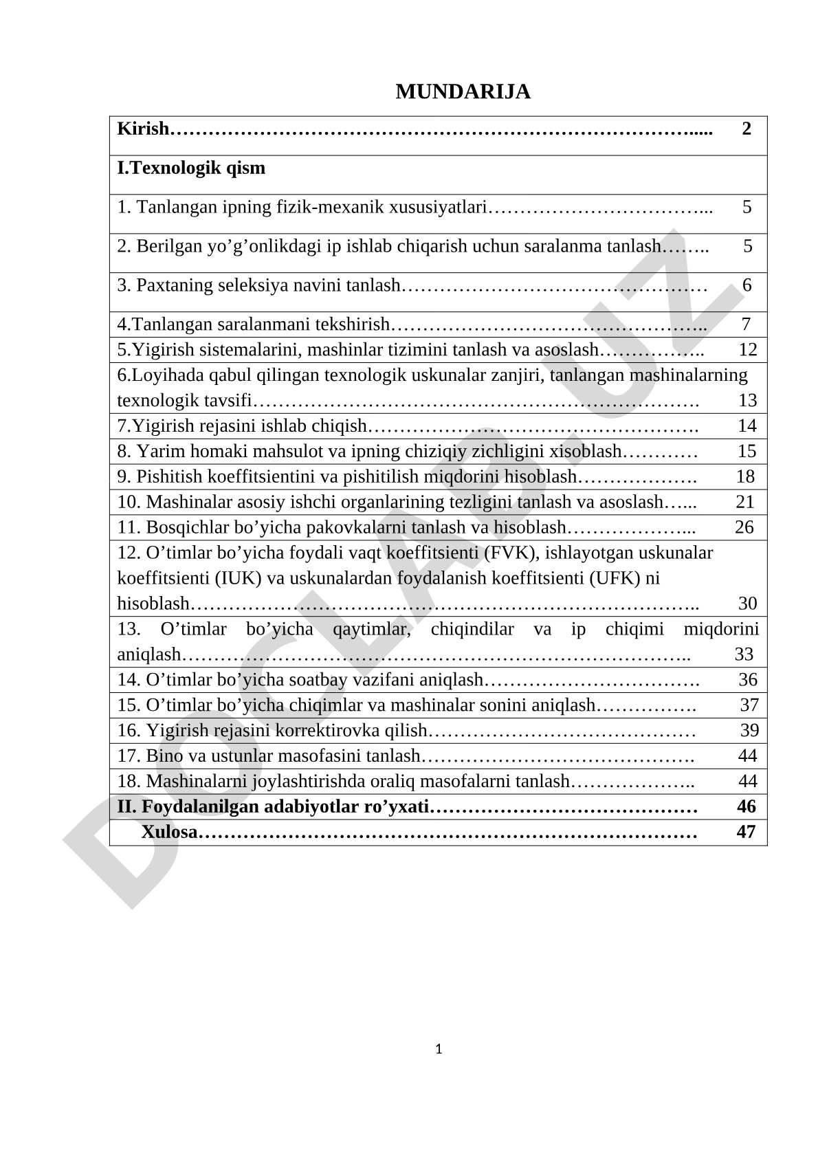 Paxta ipini yigirish texnologik jarayonini loyihalash