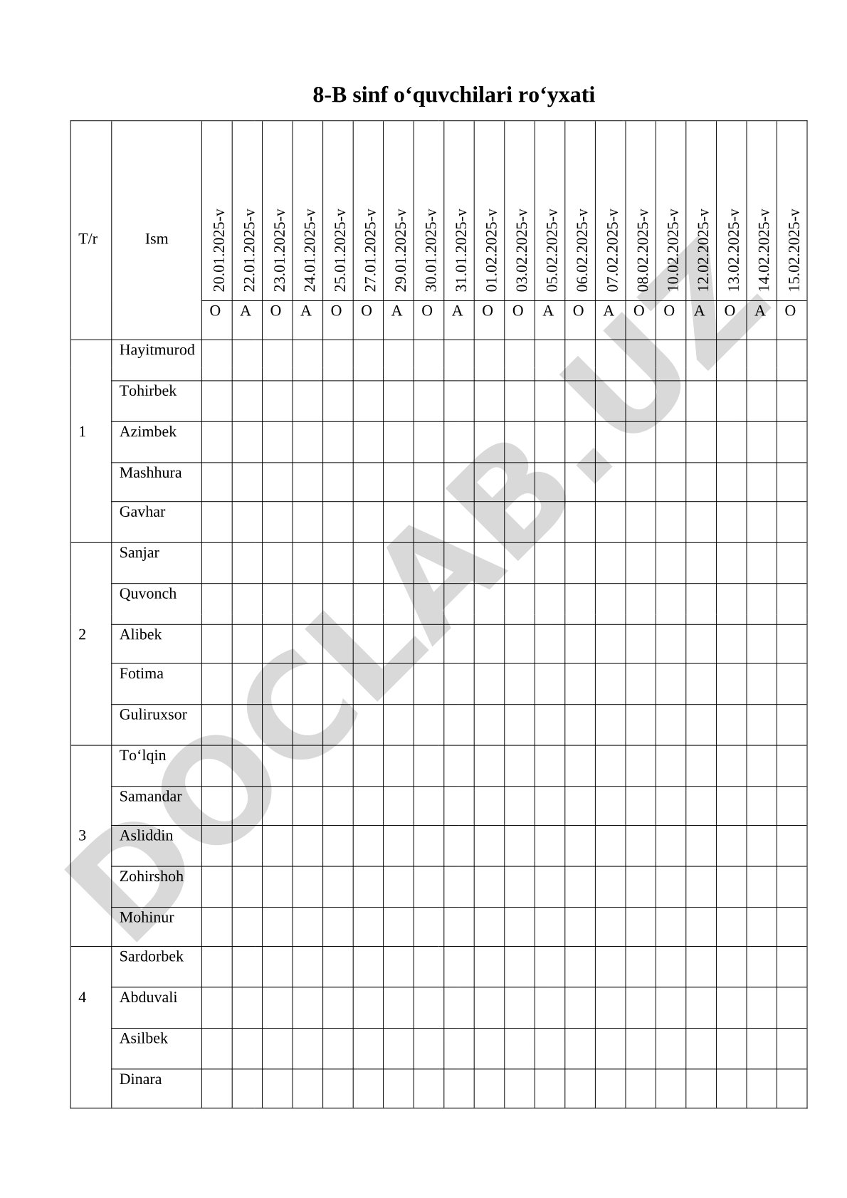 8-B sinf o‘quvchilari ro‘yxati