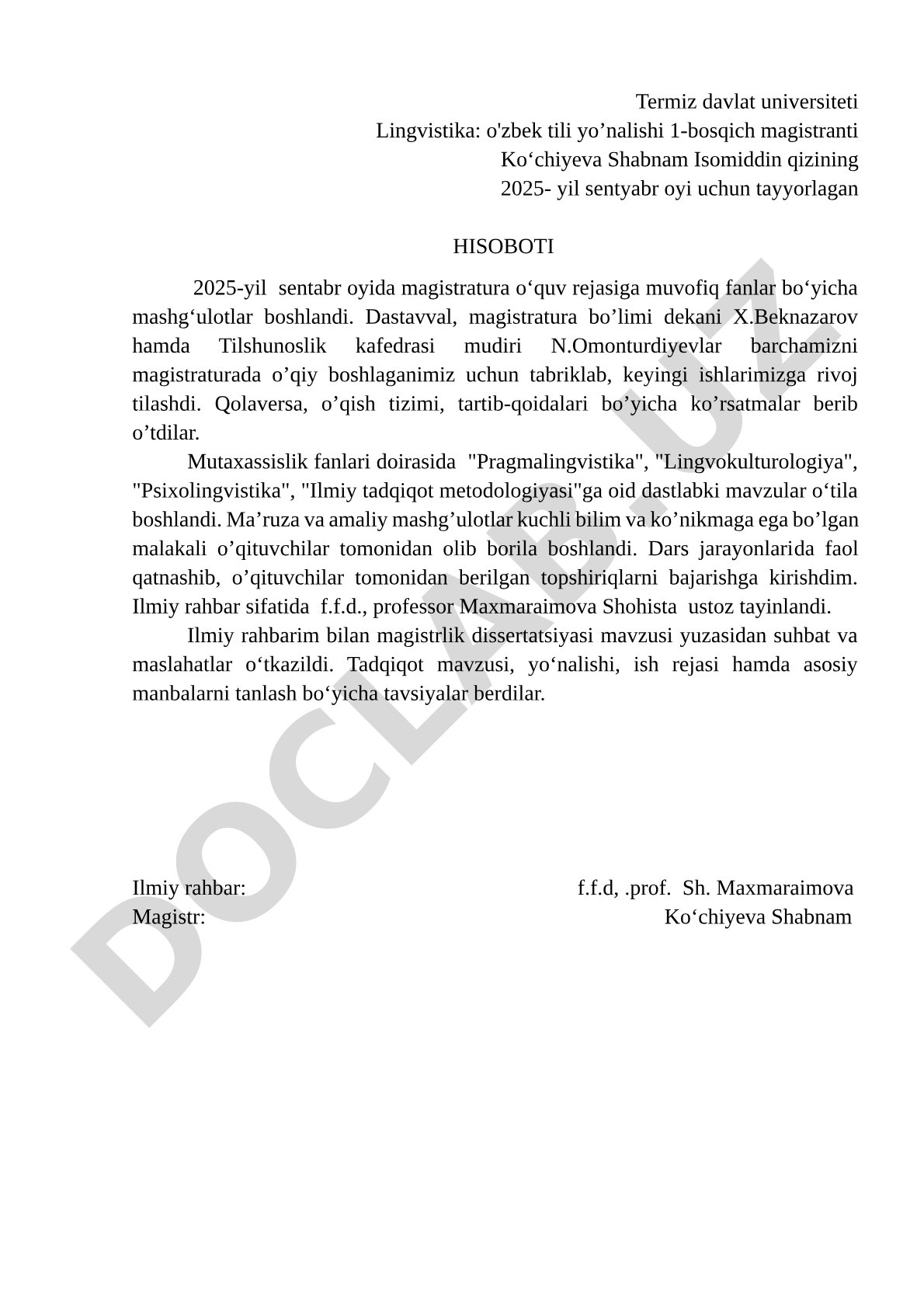 Magistrantning 2025-yil sentabr oyi hisoboti