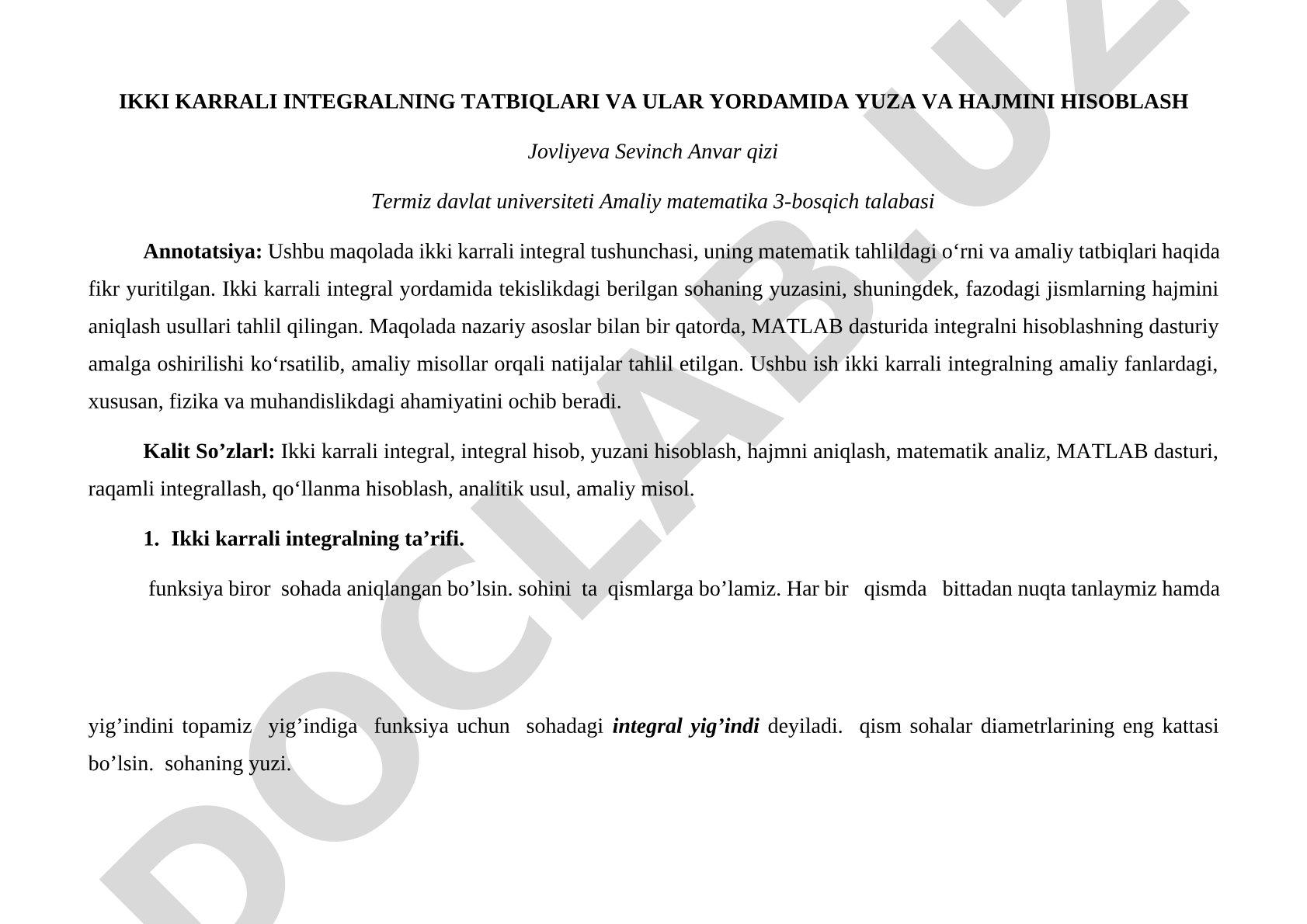 Ikki karrali integralning tatbiqlari va ular yordamida yuza va hajmini hisoblash