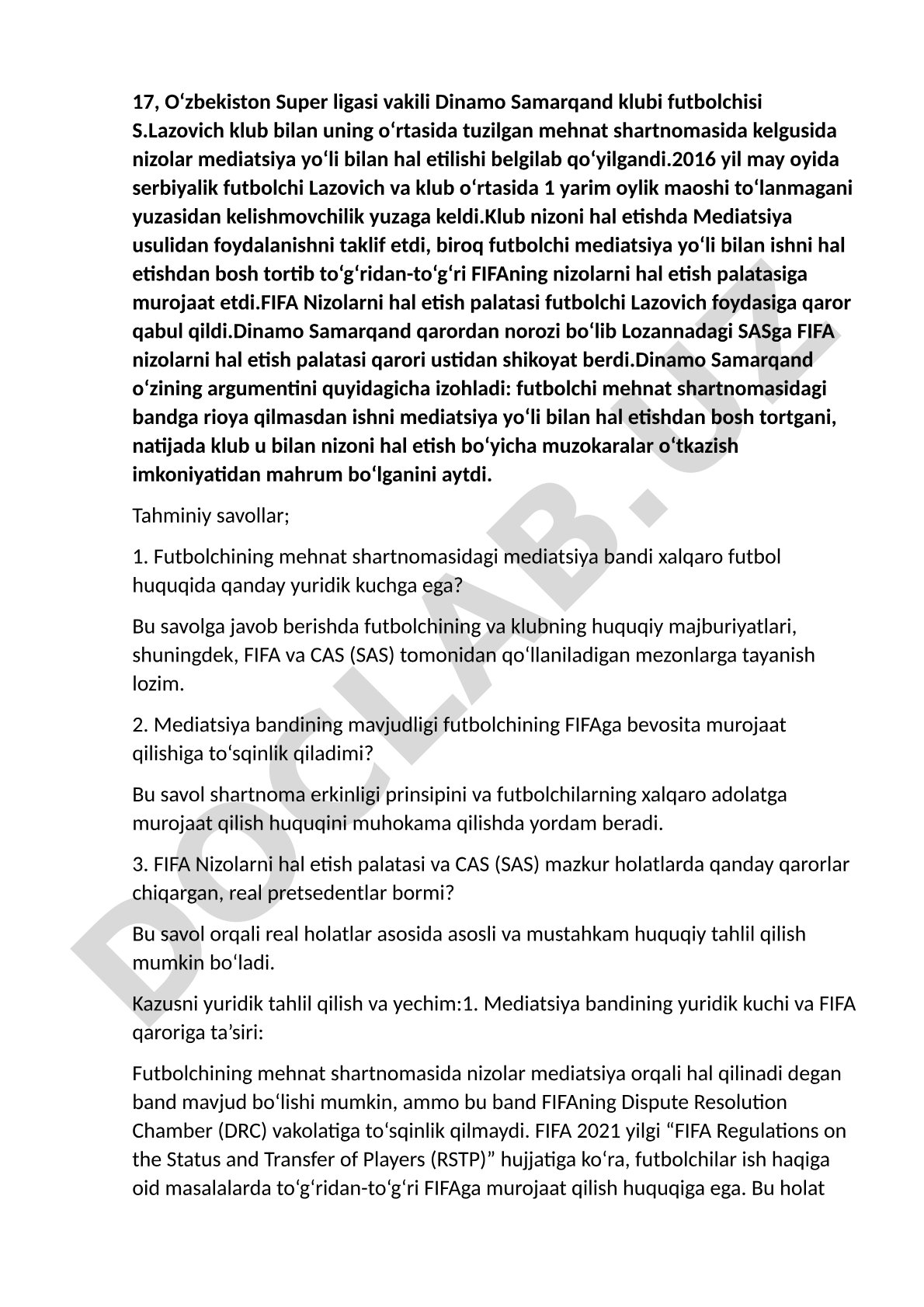 Futbolchining mehnat shartnomasidagi mediatsiya bandining yuridik kuchi
