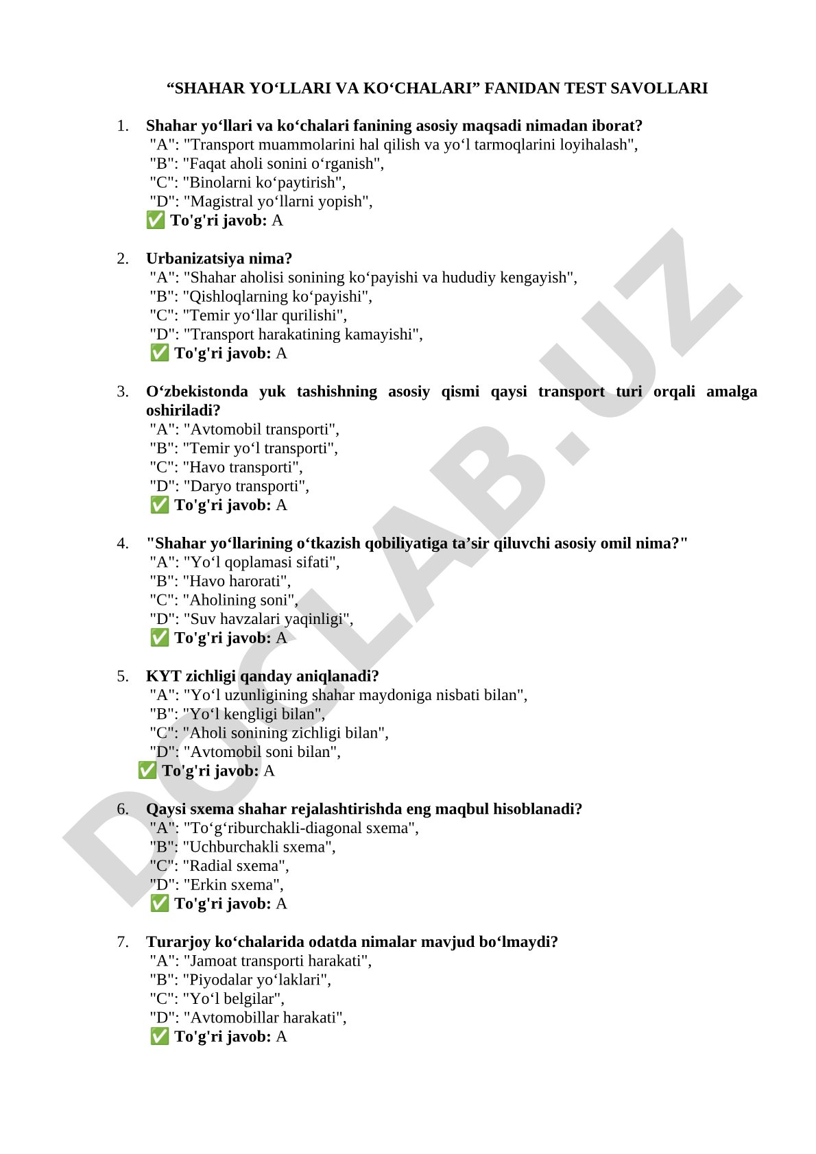 Shahar yo‘llari va ko‘chalari fanidan test savollari