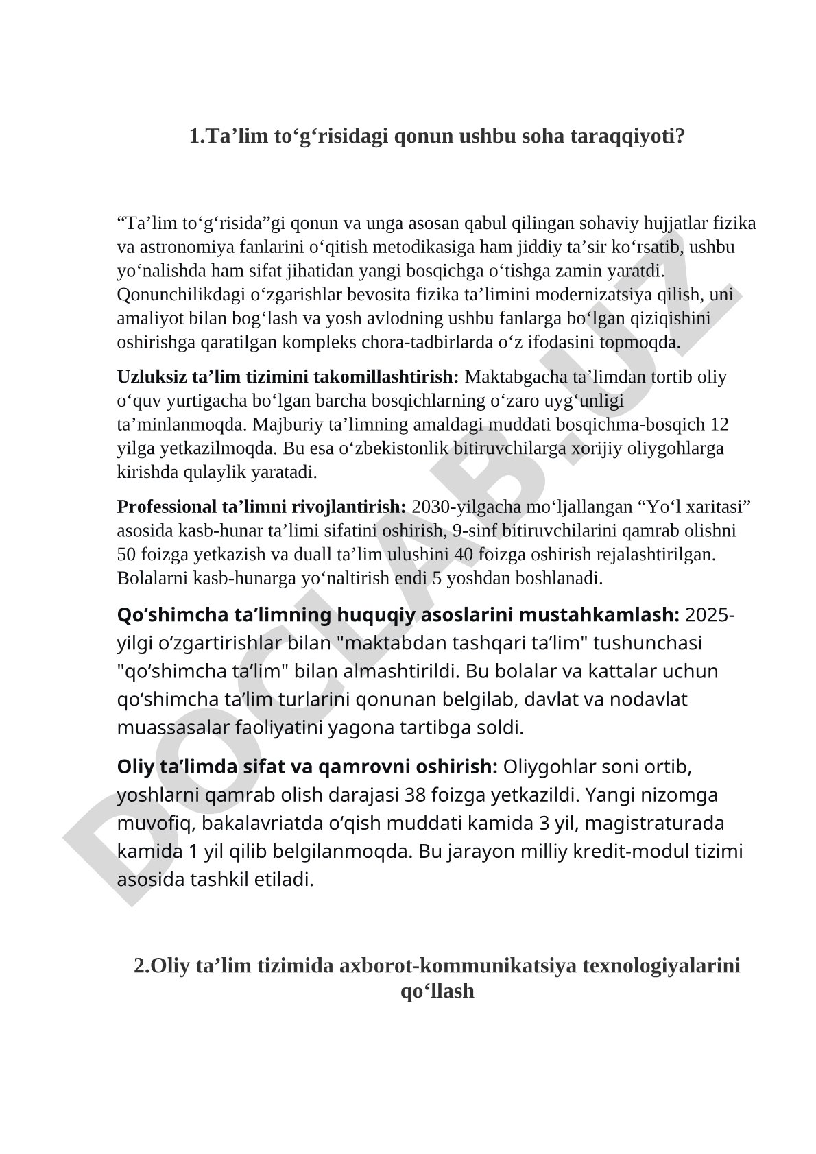 Ta'lim to'g'risidagi qonun va fizika ta'limini modernizatsiya qilish