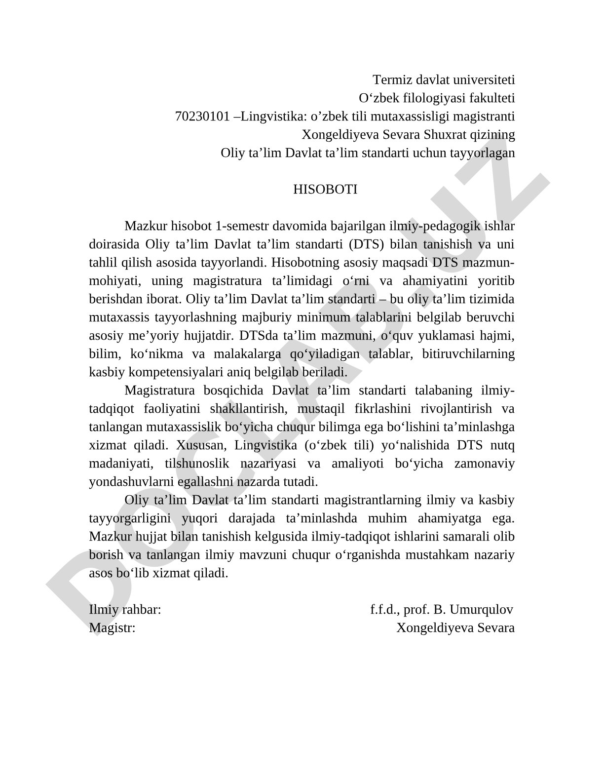 Oliy ta'lim Davlat ta'lim standarti bilan tanishish va tahlil qilish