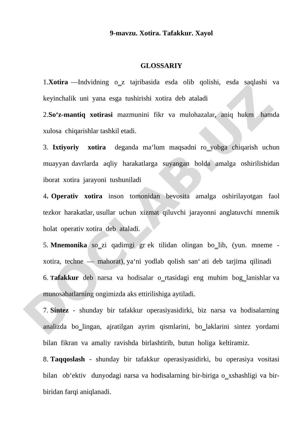 Xotira, tafakkur, xayol glossariy