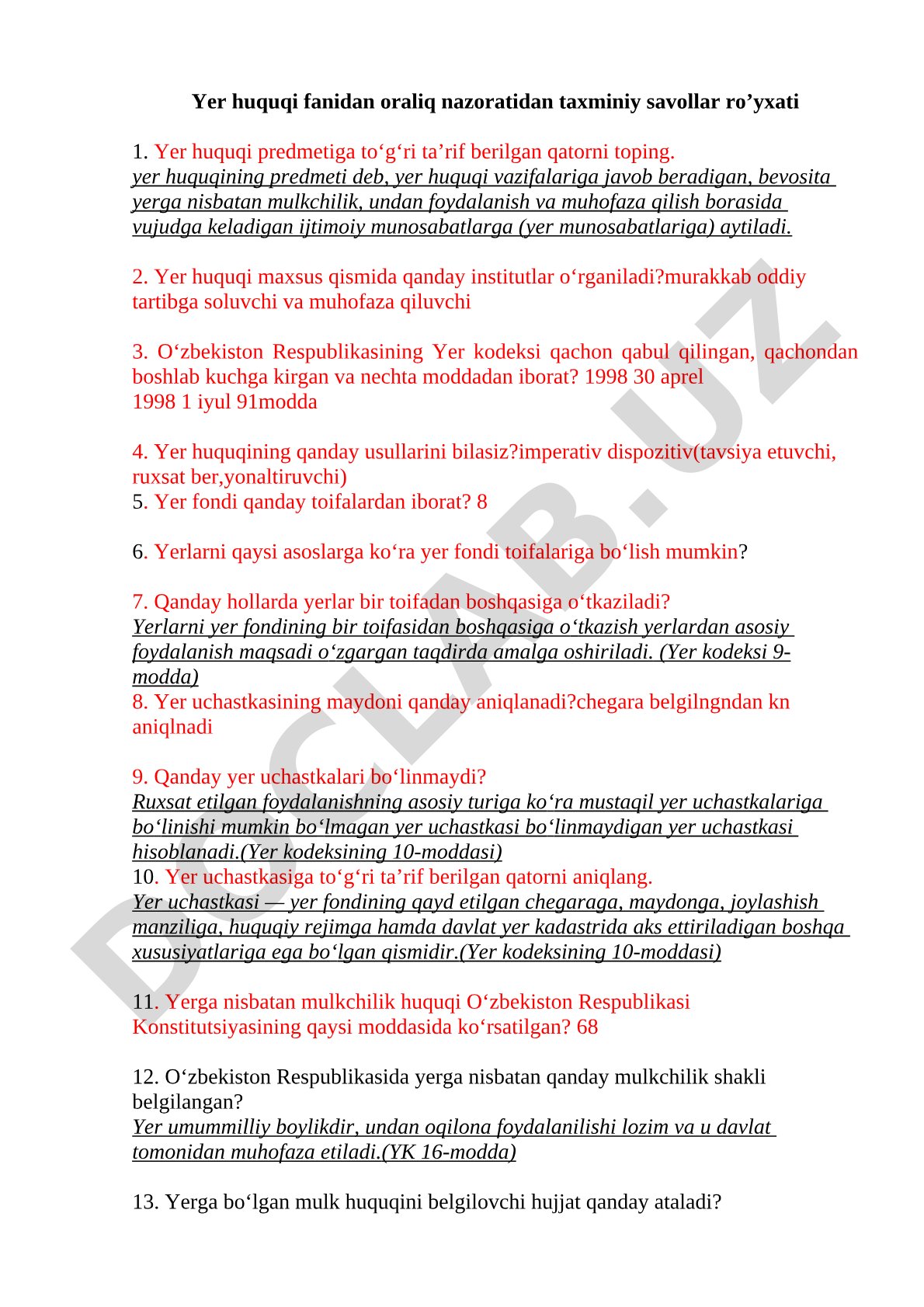 Yer huquqi fanidan oraliq nazorat savollari