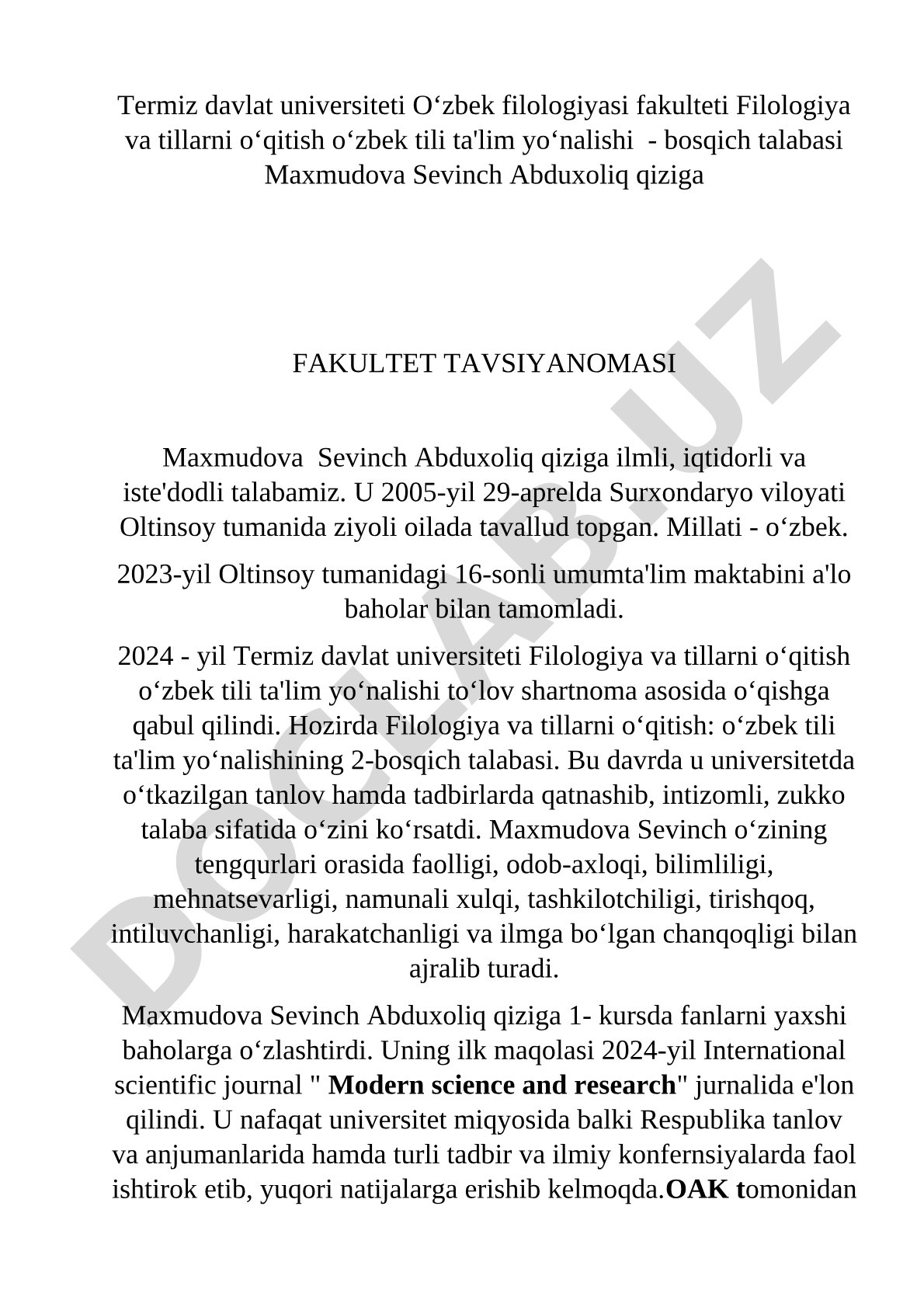 Maxmudova Sevinch Abduxoliq qiziga fakultet tavsiyanomasi