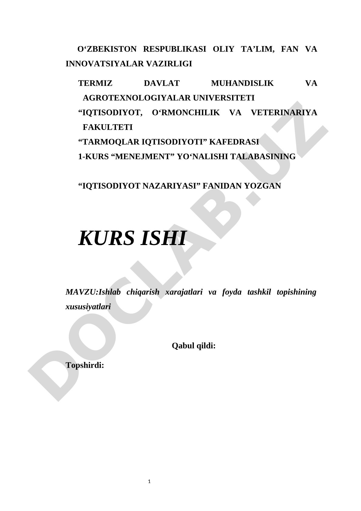Ishlab chiqarish xarajatlari va foyda tashkil topishining xususiyatlari