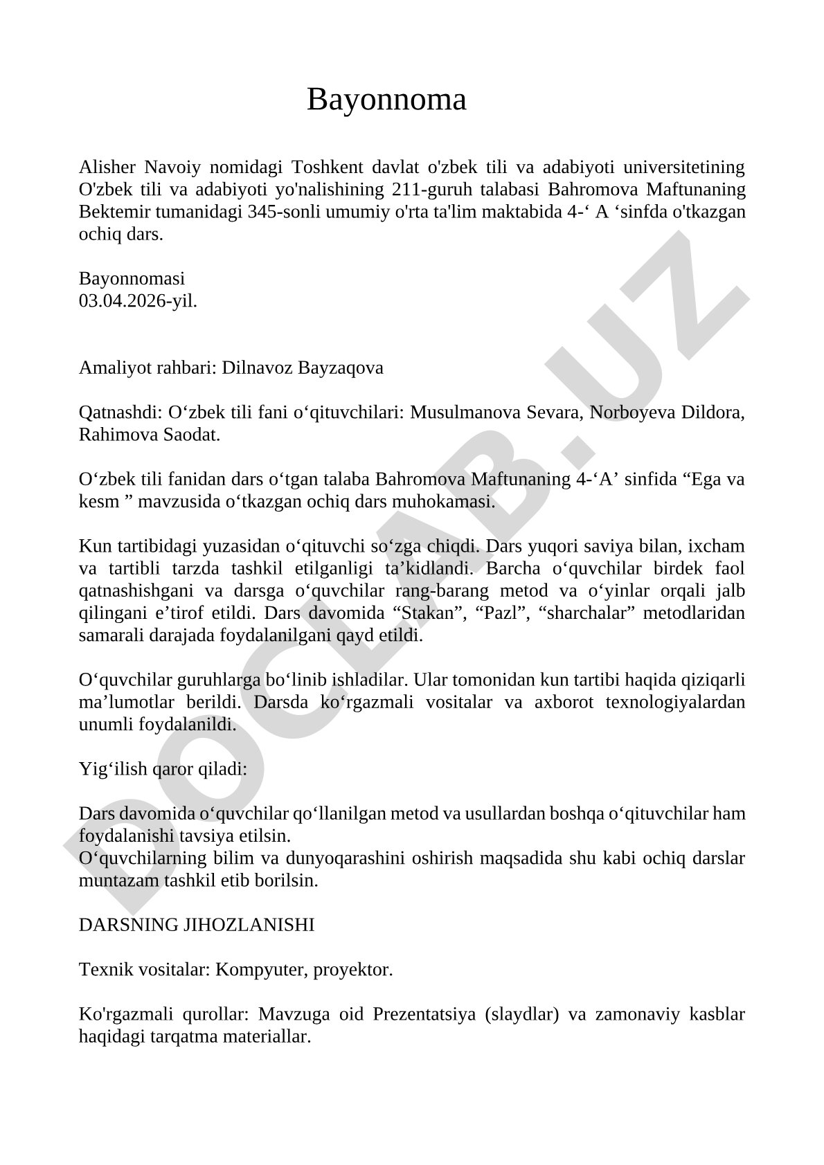 Ega va kesim mavzusida ochiq dars bayonnomasi