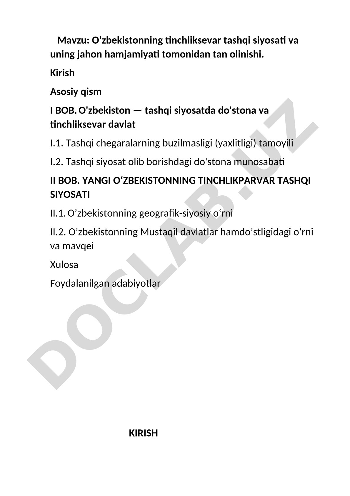 Oʻzbekistonning tinchliksevar tashqi siyosati va uning jahon hamjamiyati tomonidan tan olinishi