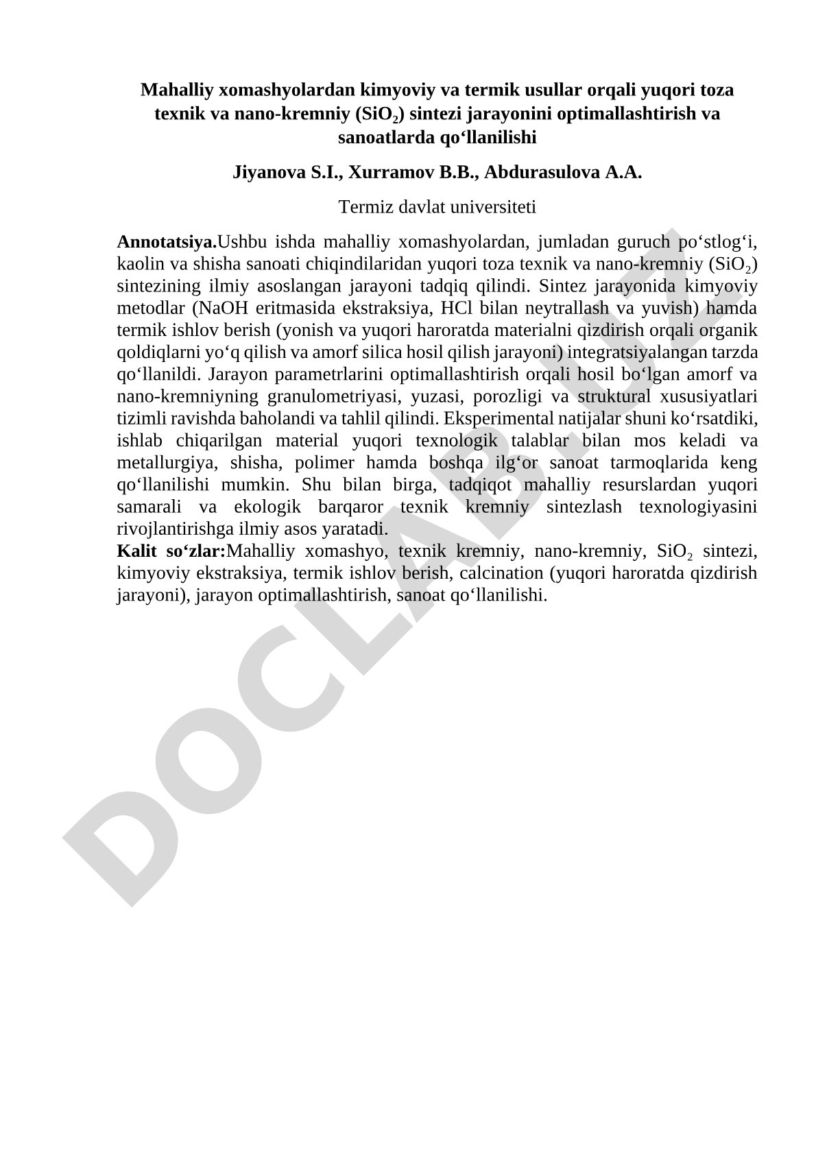 Mahalliy xomashyolardan yuqori toza texnik va nano-kremniy (SiO₂) sintezi jarayonini optimallashtirish va sanoatlarda qo‘llanilishi