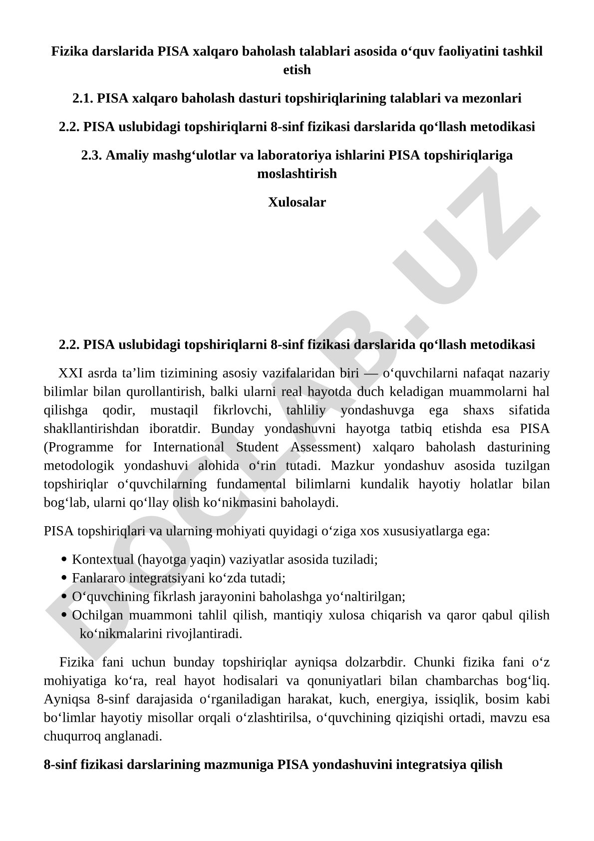 Fizika darslarida PISA xalqaro baholash talablari asosida o‘quv faoliyatini tashkil etish