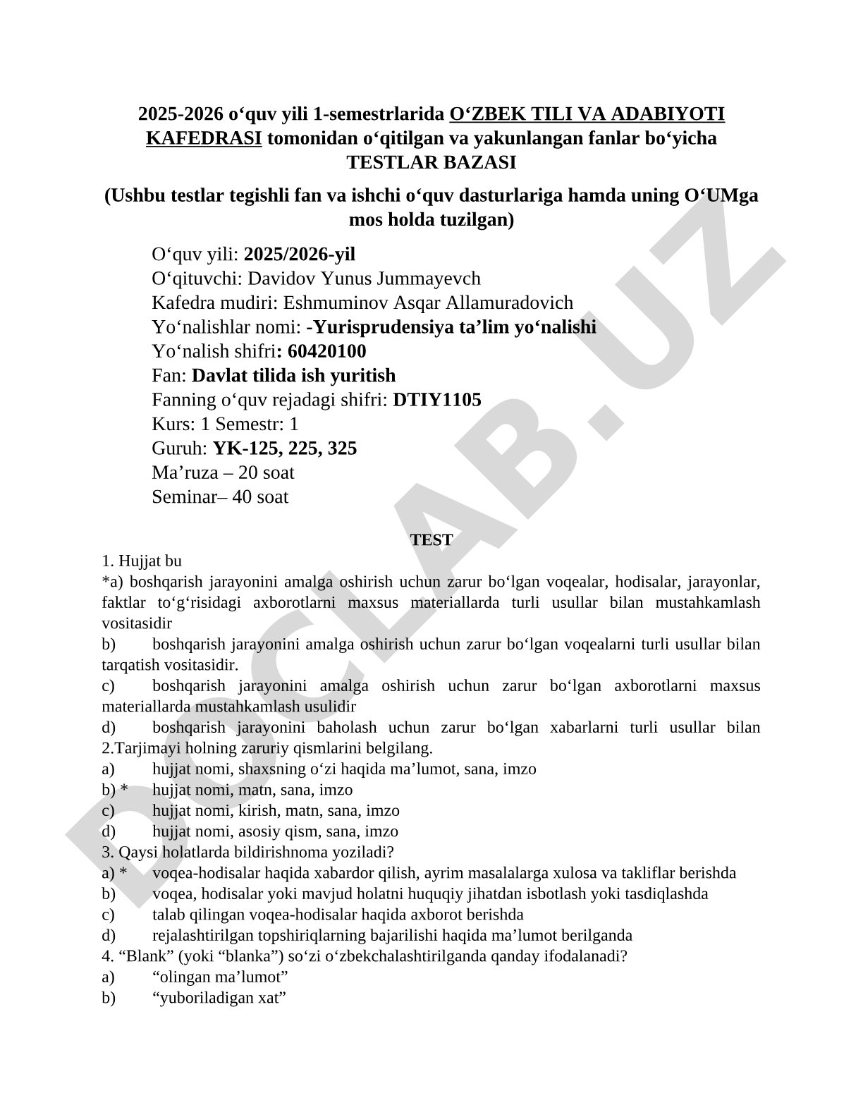 Davlat tilida ish yuritish fanidan testlar bazasi