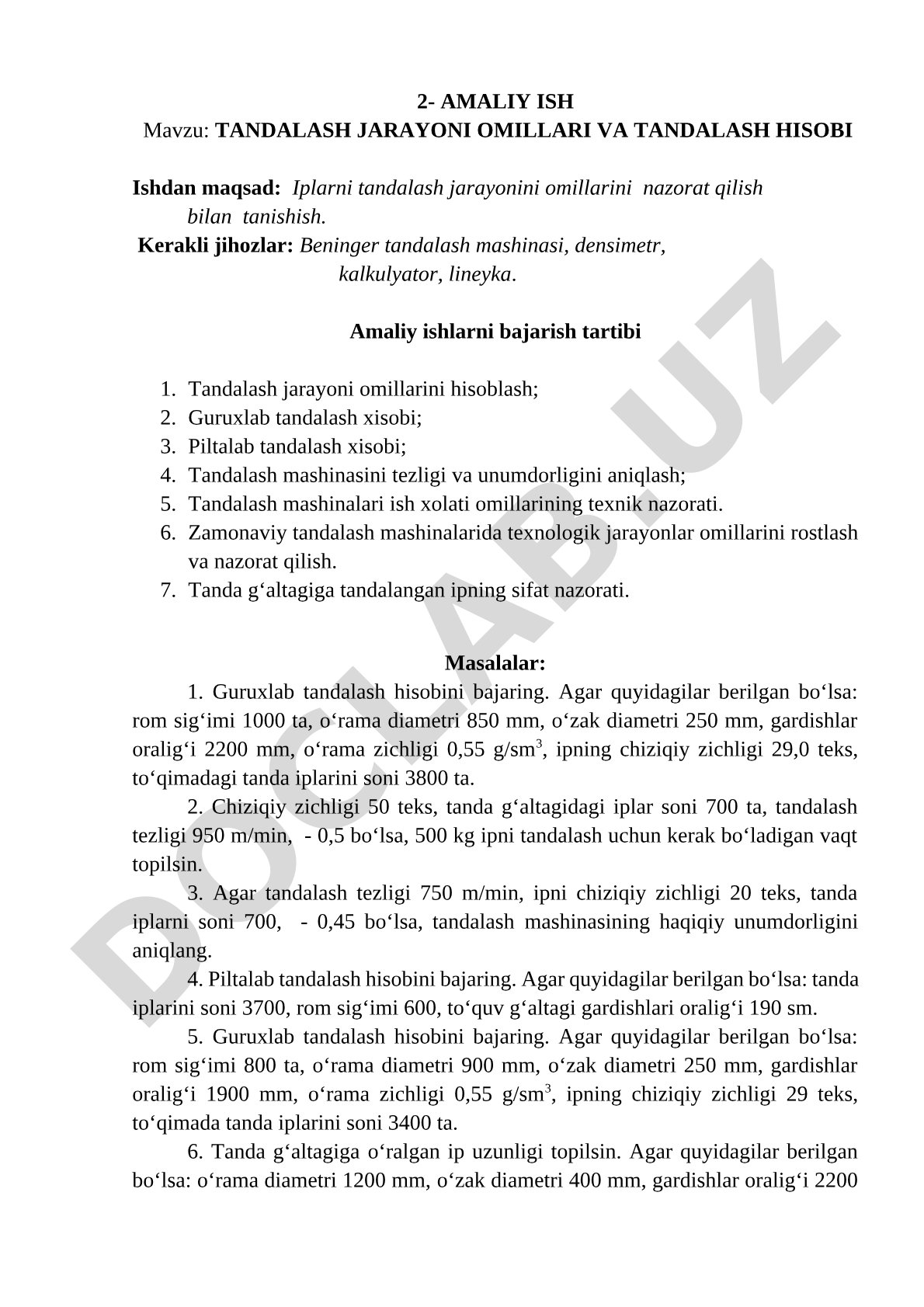 Tandalash jarayoni omillari va tandalash hisobi