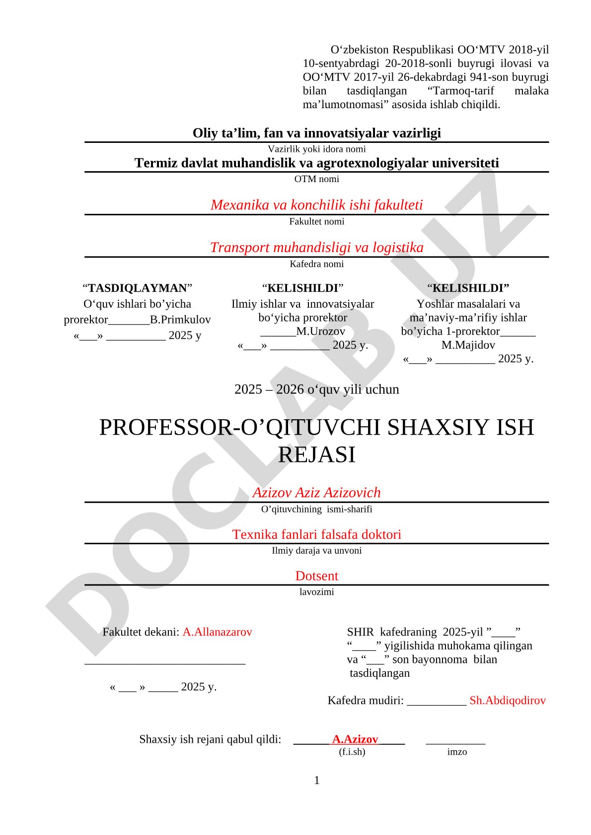 Professor-o'qituvchi shaxsiy ish rejasi (2025-2026 o'quv yili)