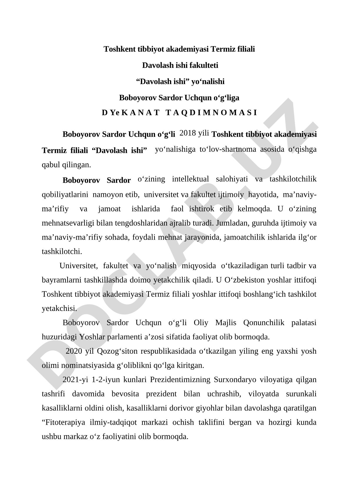 Boboyorov Sardor Uchqun o'g'liga dekanat taqdimnomasi