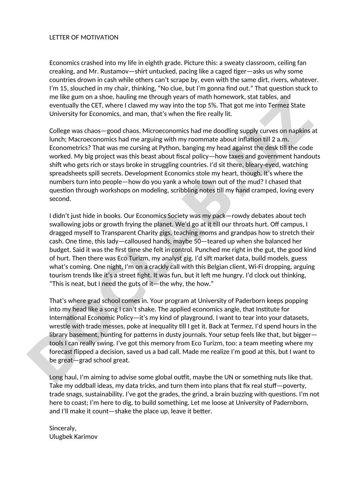 Letter of Motivation for Economics