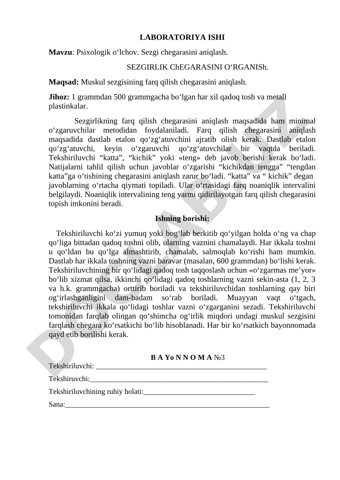Psixologik o‘lchov. Sezgi chegarasini aniqlash