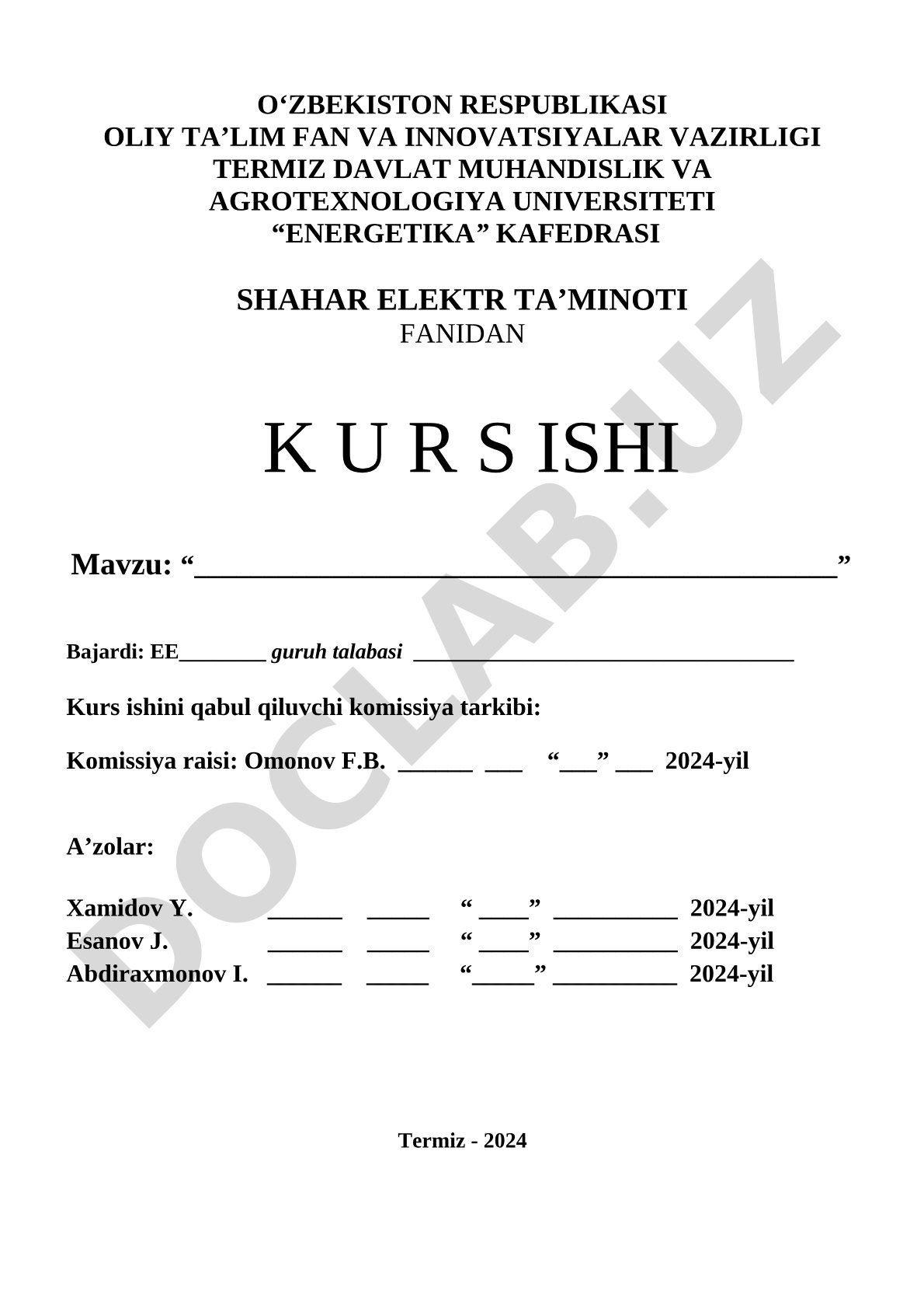 Shahar elektr ta'minoti fanidan kurs ishi