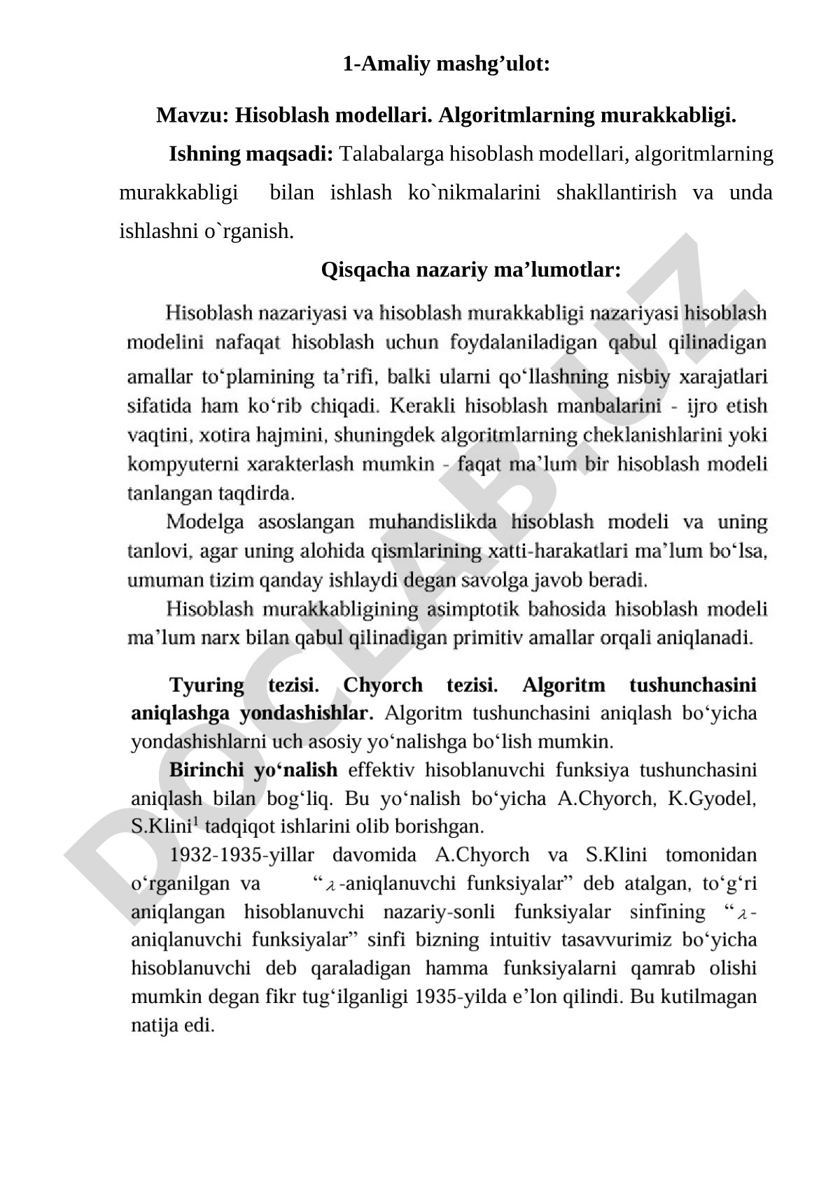 Hisoblash modellari. Algoritmlarning murakkabligi
