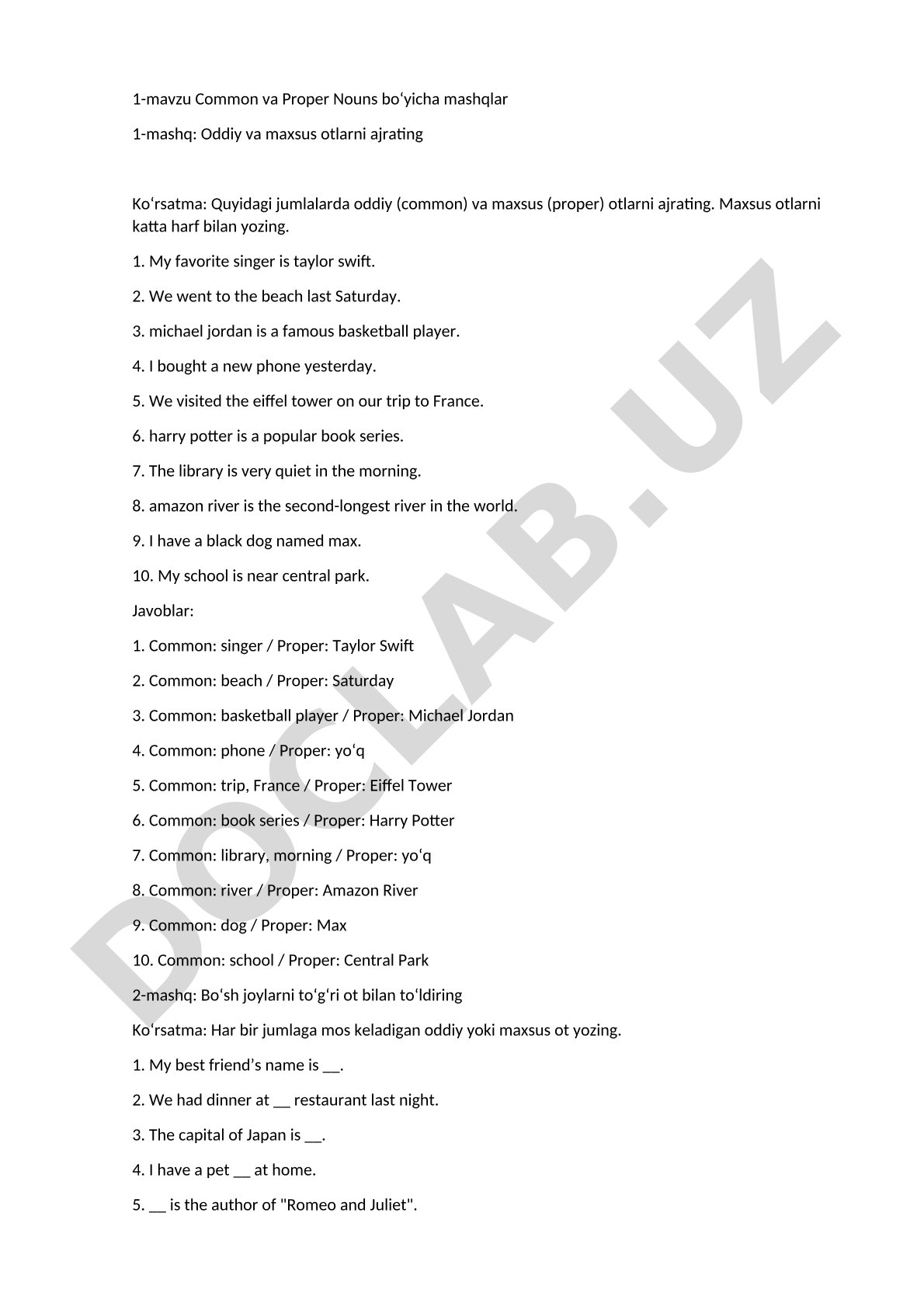 Common va Proper Nouns bo'yicha mashqlar
