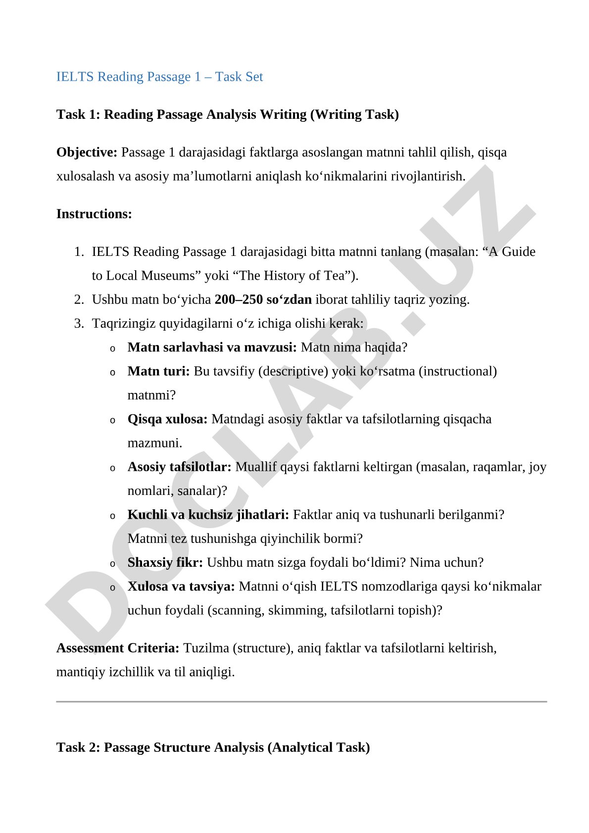 IELTS Reading Passage 1 tahliliy taqriz yozish topshirig'i