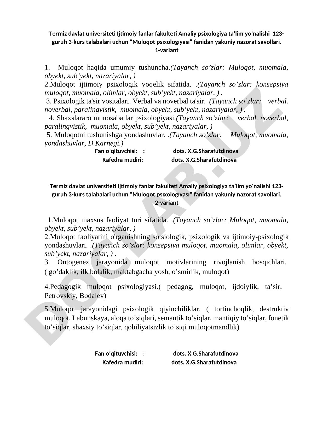 Muloqot psixologiyasi fanidan yakuniy nazorat savollari