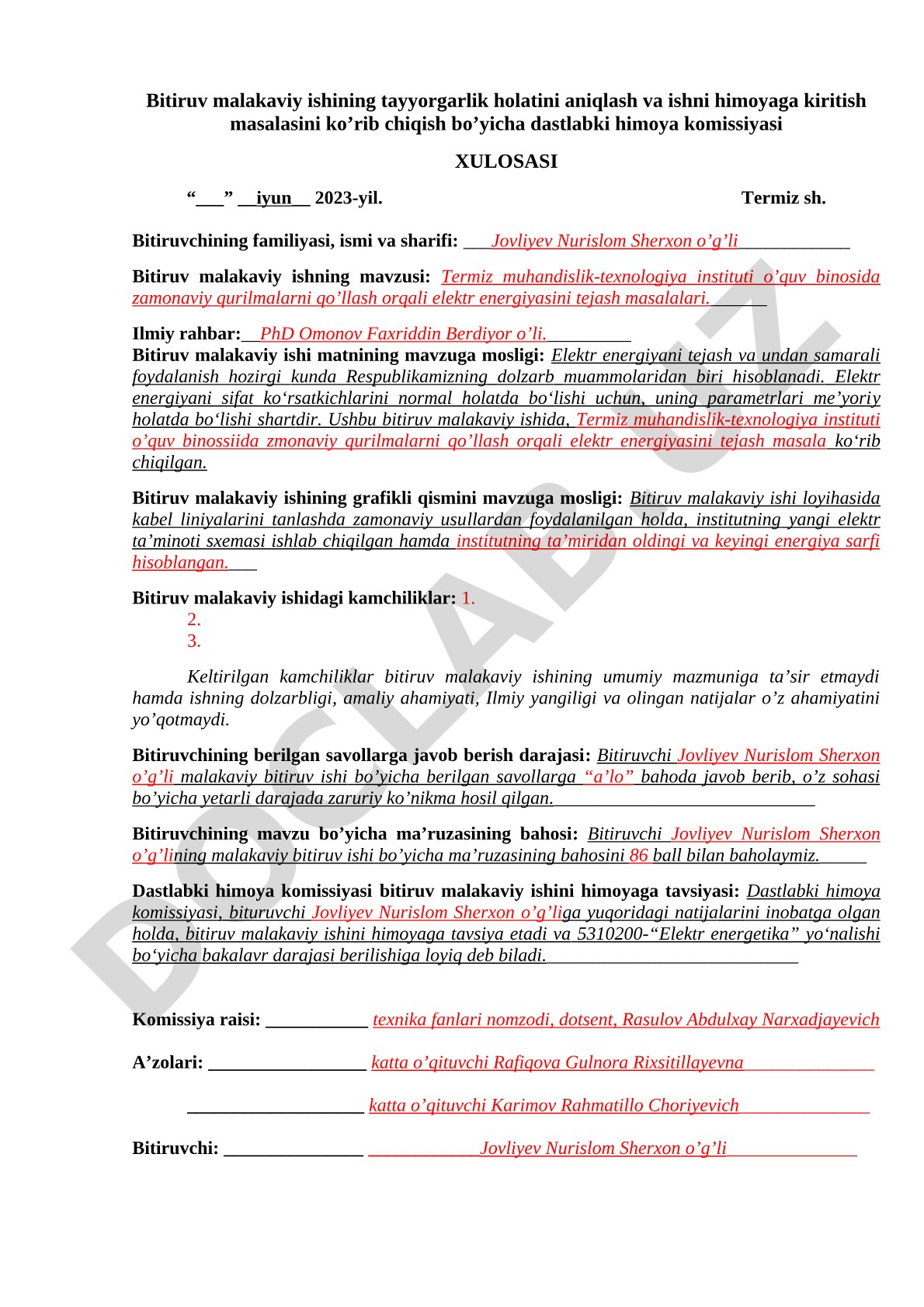 Termiz muhandislik-texnologiya instituti o'quv binosida zamonaviy qurilmalarni qo'llash orqali elektr energiyasini tejash masalalari