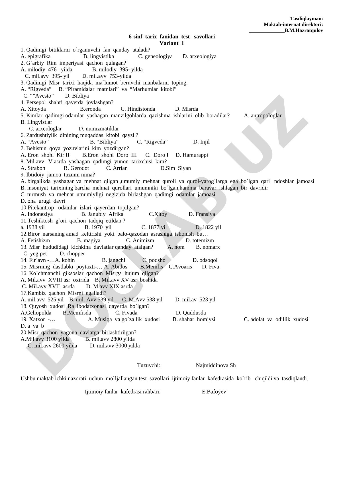 6-sinf tarix fanidan test savollari