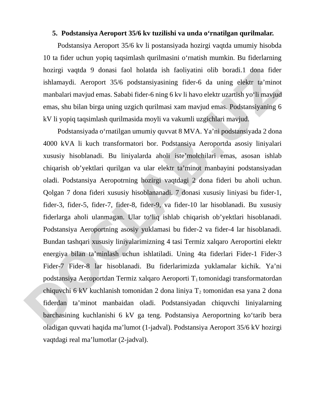 Podstansiya Aeroport 35/6 kv tuzilishi va qurilmalari