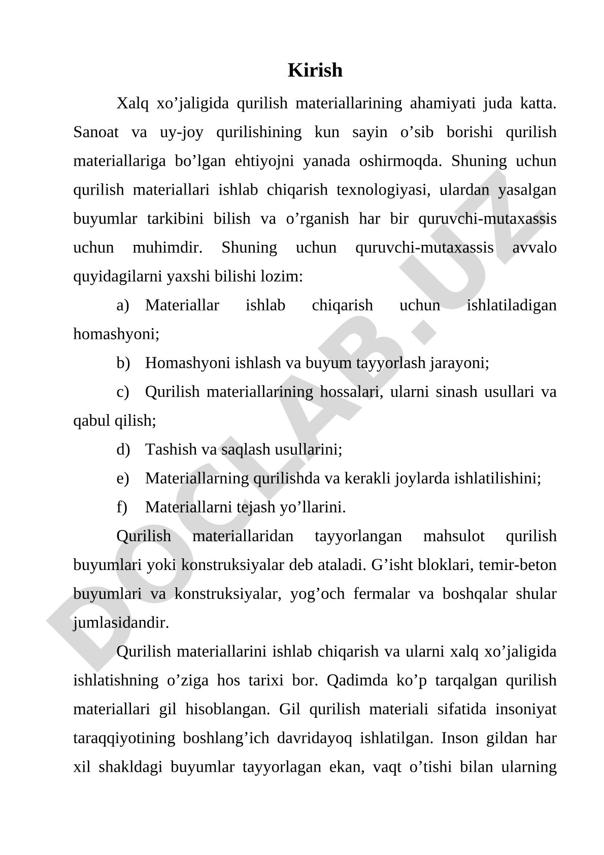 Qurilish materiallarining ahamiyati va ularni ishlab chiqarish texnologiyasi