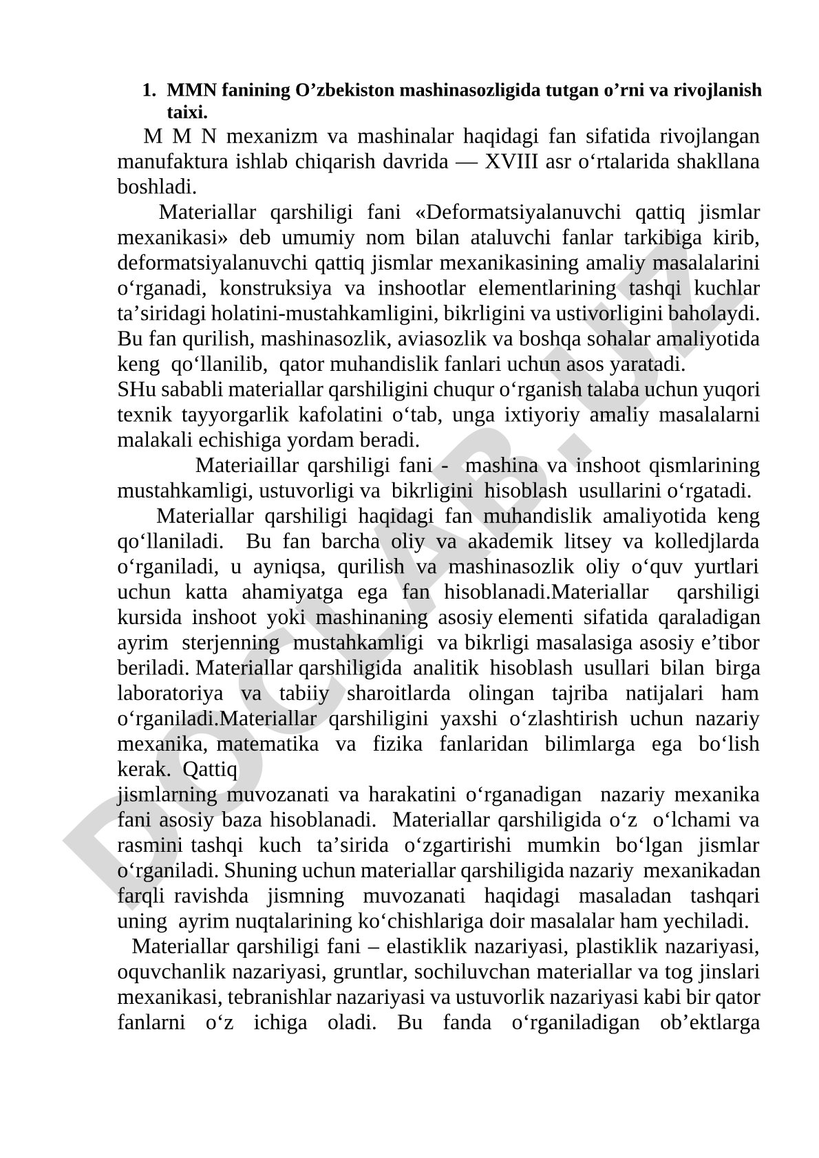 Materiallar qarshiligi fanining O'zbekiston mashinasozligida tutgan o'rni va rivojlanish tarixi