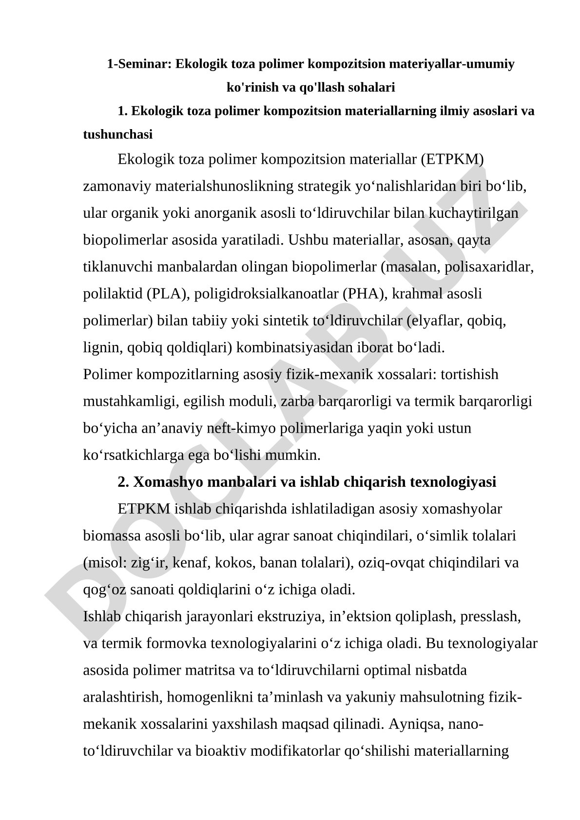 Ekologik toza polimer kompozitsion materiallar umumiy ko'rinish va qo'llash sohalari