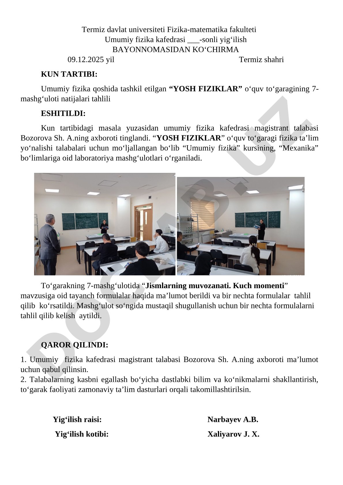 Yosh fiziklar o'quv to'garagining 7-mashg'uloti natijalari tahlili
