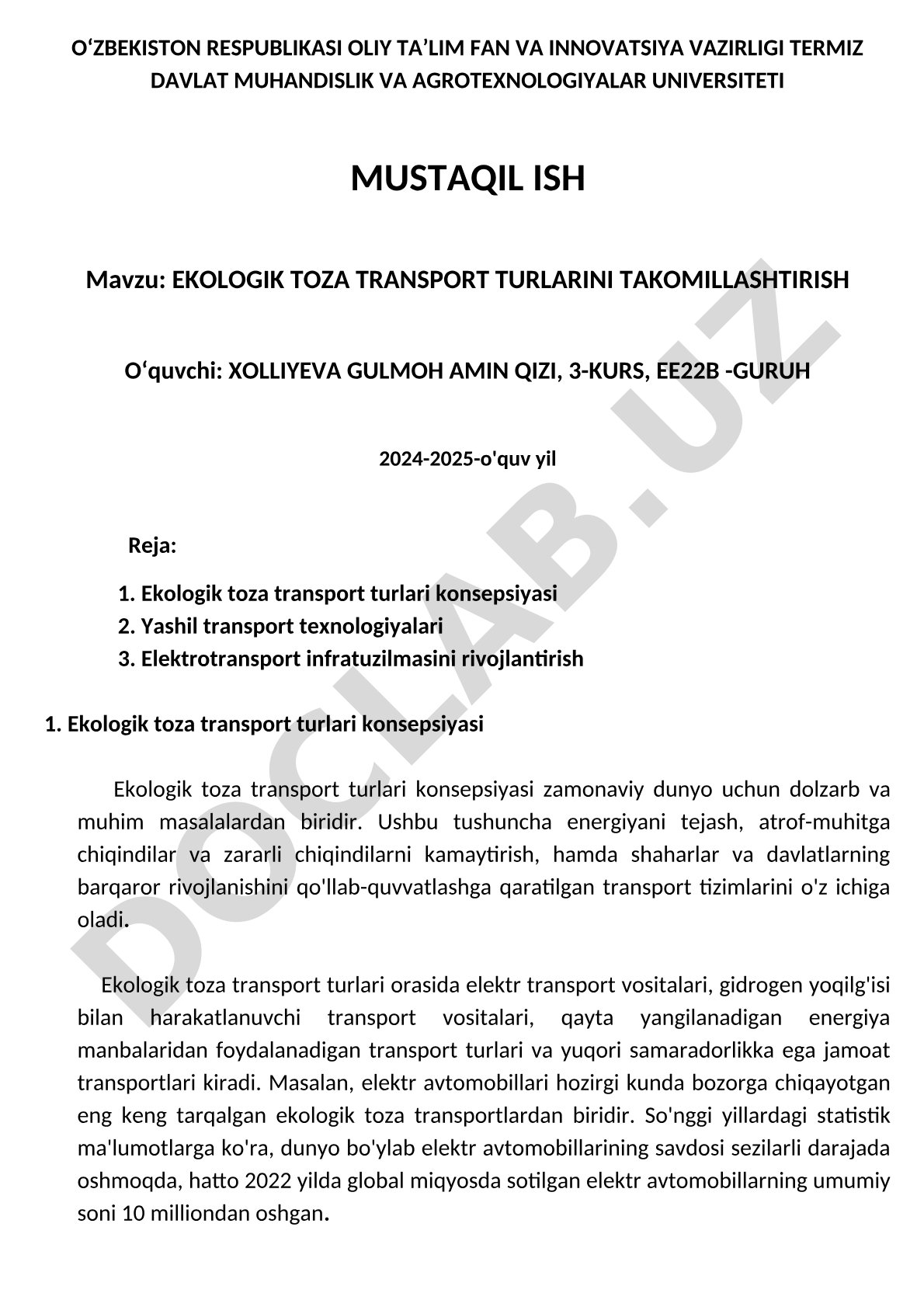 Ekologik toza transport turlarini takomillashtirish