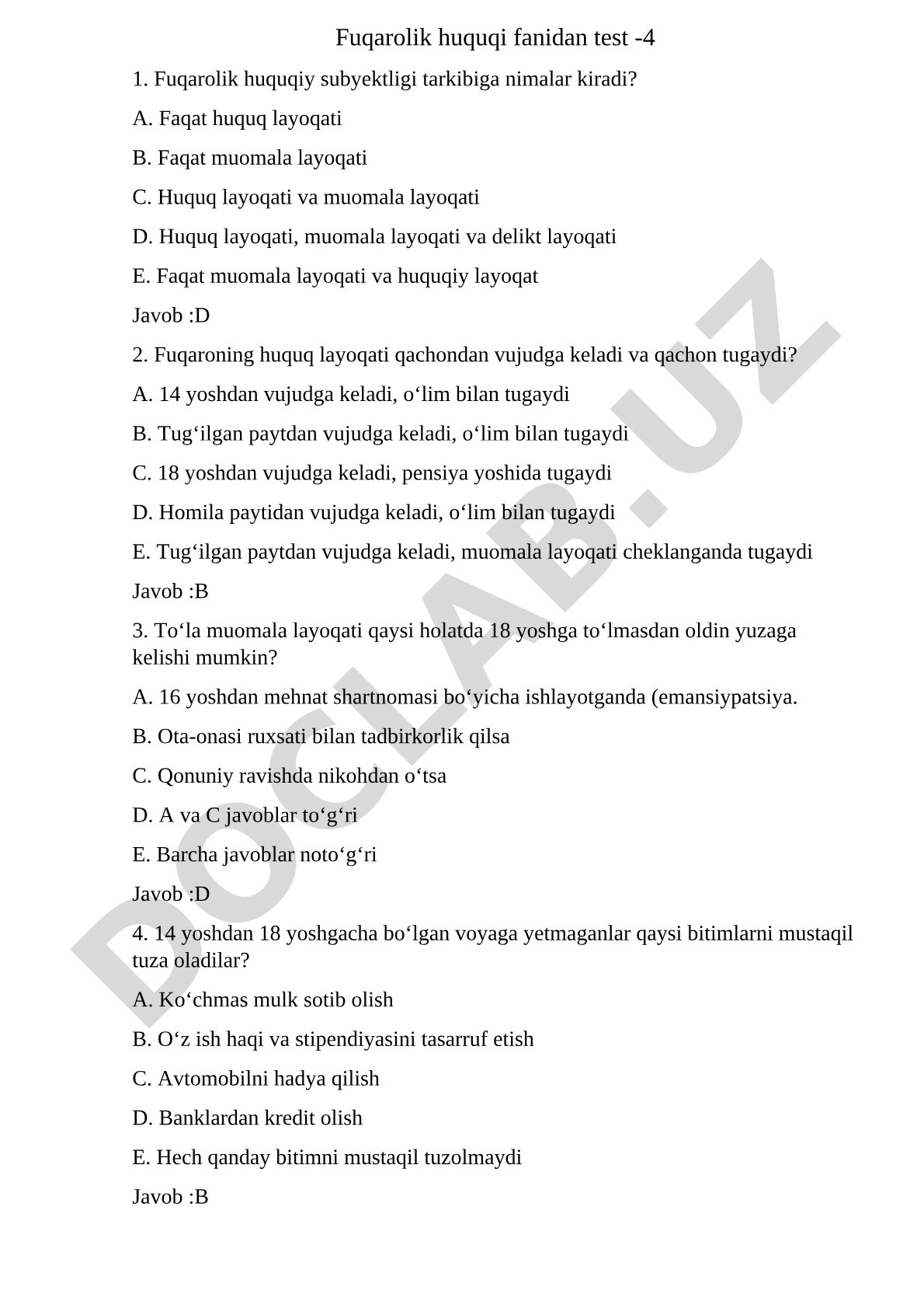 Fuqarolik huquqi fanidan test