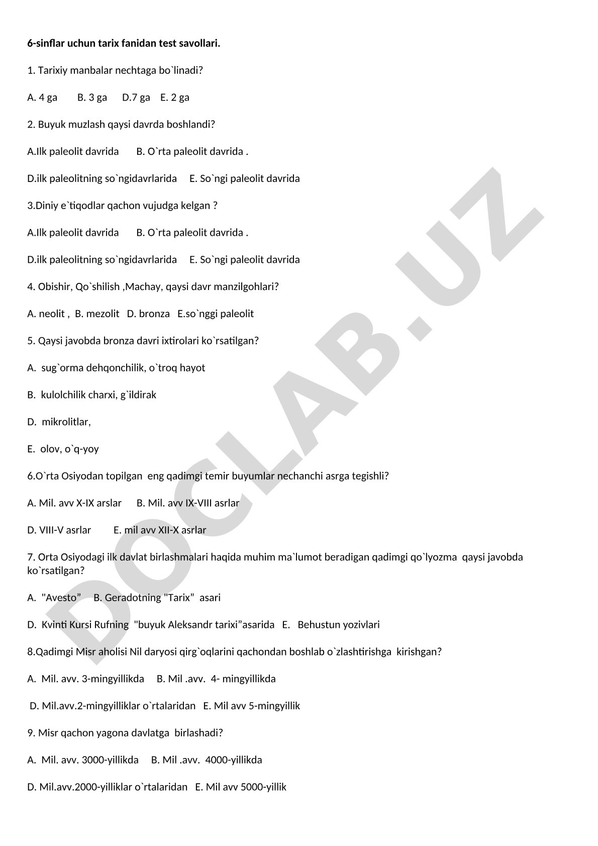 6-sinflar uchun tarix fanidan test savollari