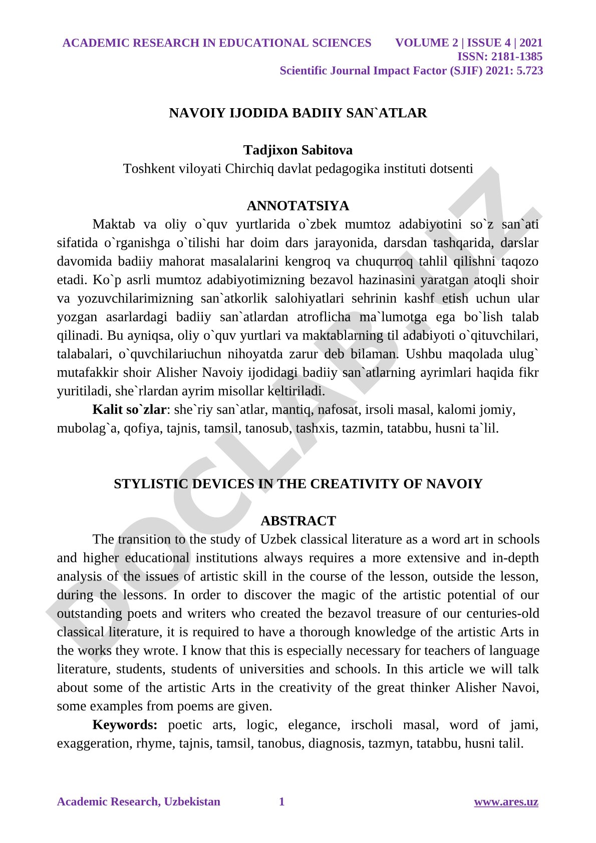 Navoiy ijodida badiiy san'atlar