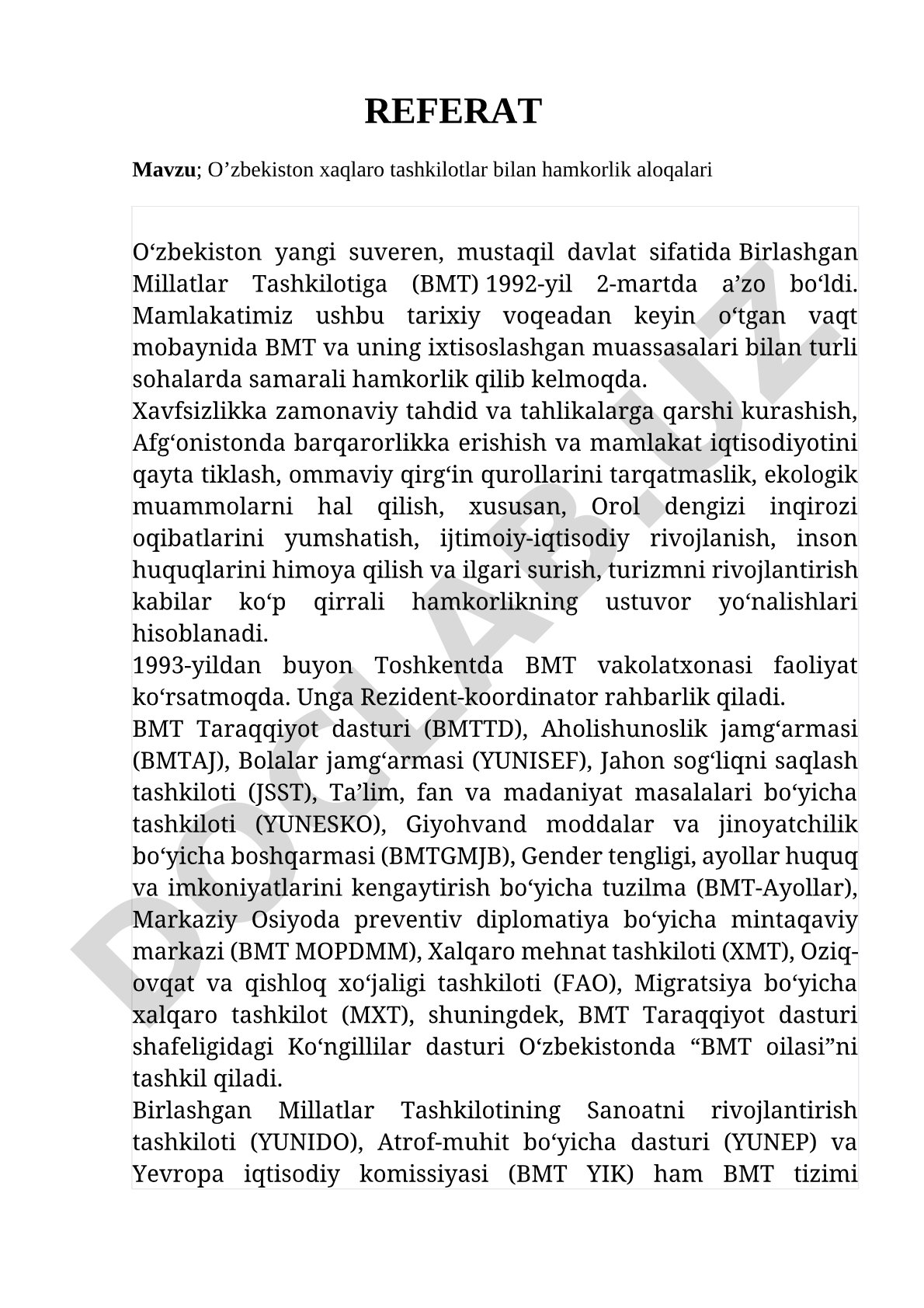 O'zbekiston xalqaro tashkilotlar bilan hamkorlik aloqalari