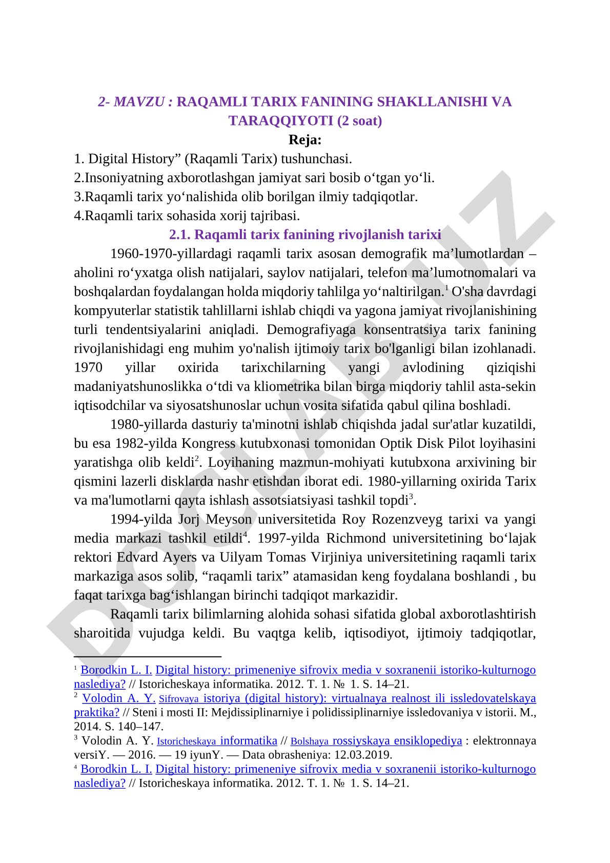 Raqamli tarix fanining shakllanishi va taraqqiyoti