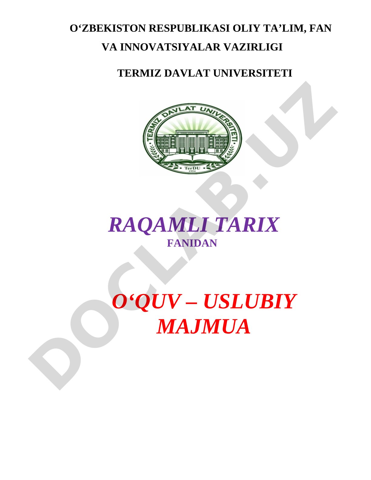 Raqamli tarix fanidan o‘quv-uslubiy majmua