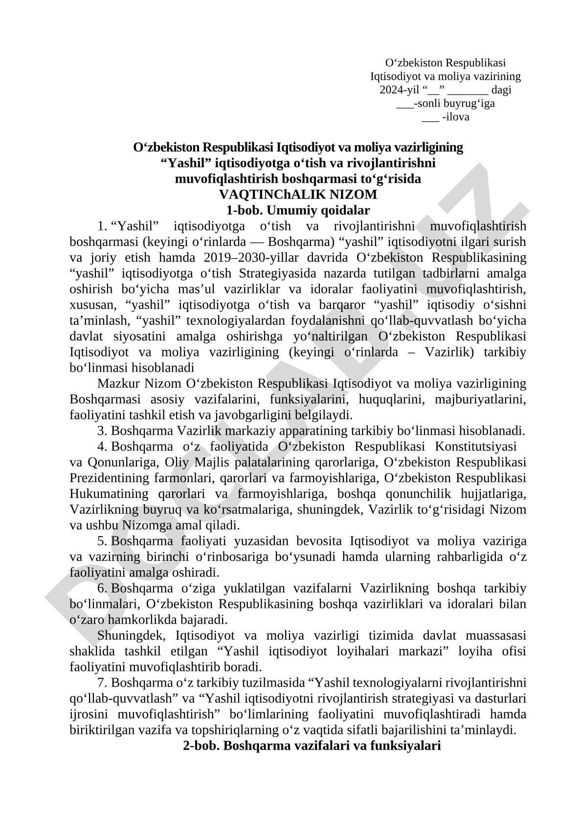 Yashil iqtisodiyotga o'tish va rivojlantirishni muvofiqlashtirish boshqarmasi to'g'risida vaqtinchalik nizom