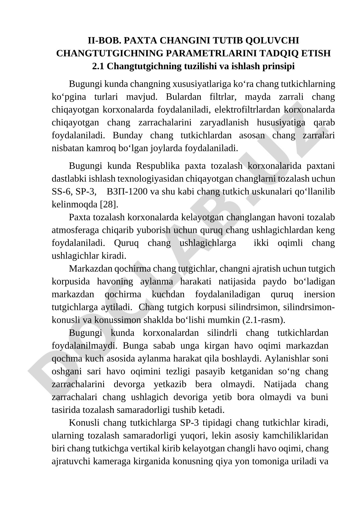 Paxta changini tutib qoluvchi changtutgich parametrlarini tadqiq etish
