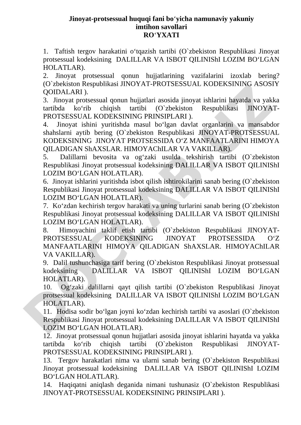 Jinoyat-protsessual huquqi fanidan namunaviy yakuniy imtihon savollari ro'yxati