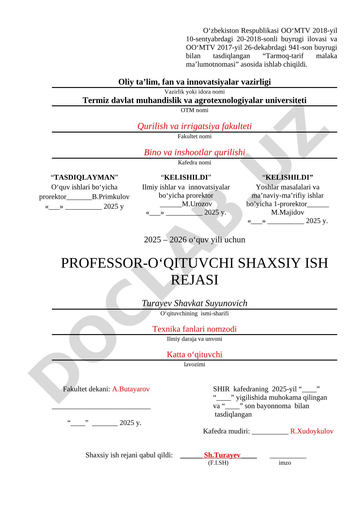 Professor-o'qituvchi shaxsiy ish rejasi (2025-2026 o'quv yili)