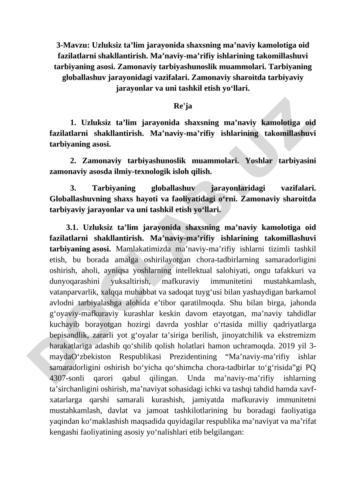 Uzluksiz ta’lim jarayonida shaxsning ma’naviy kamolotiga oid fazilatlarni shakllantirish