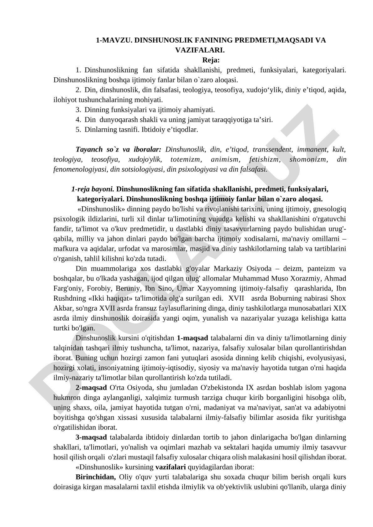 Dinshunoslik fanining predmeti, maqsadi va vazifalari