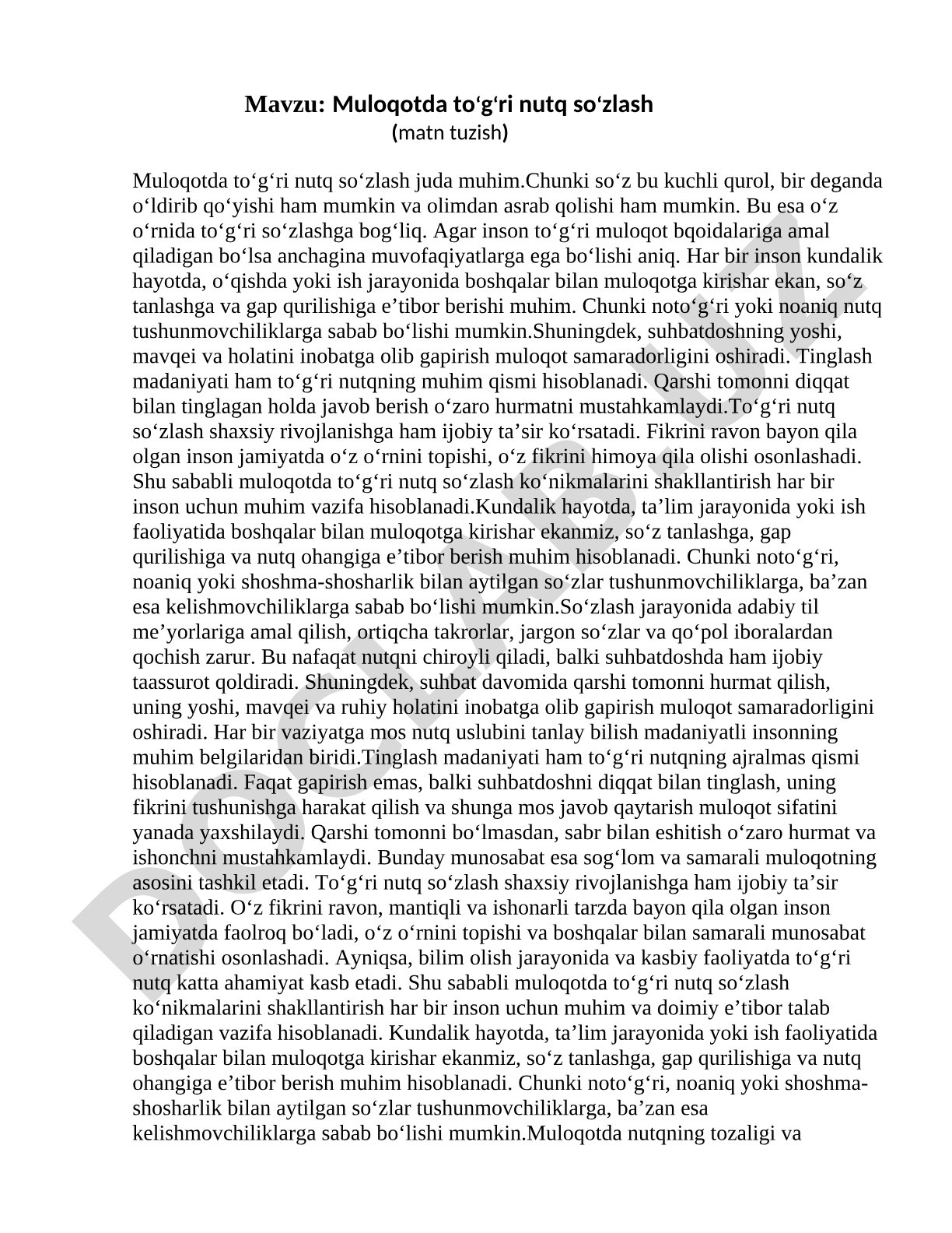 Muloqotda to‘g‘ri nutq so‘zlash (matn tuzish)